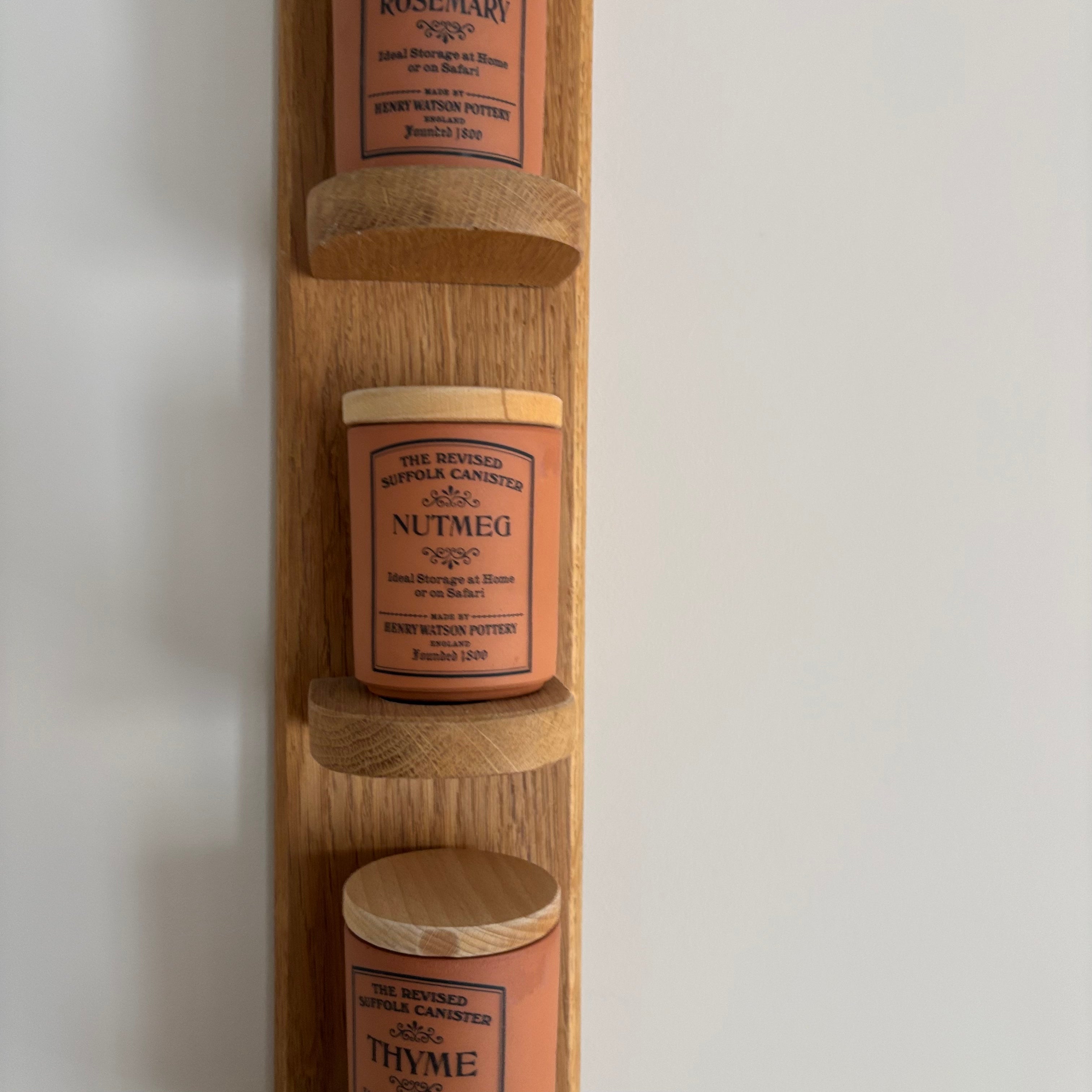 E765 35” tall Hanging wooden spice rack with terracotta canisters