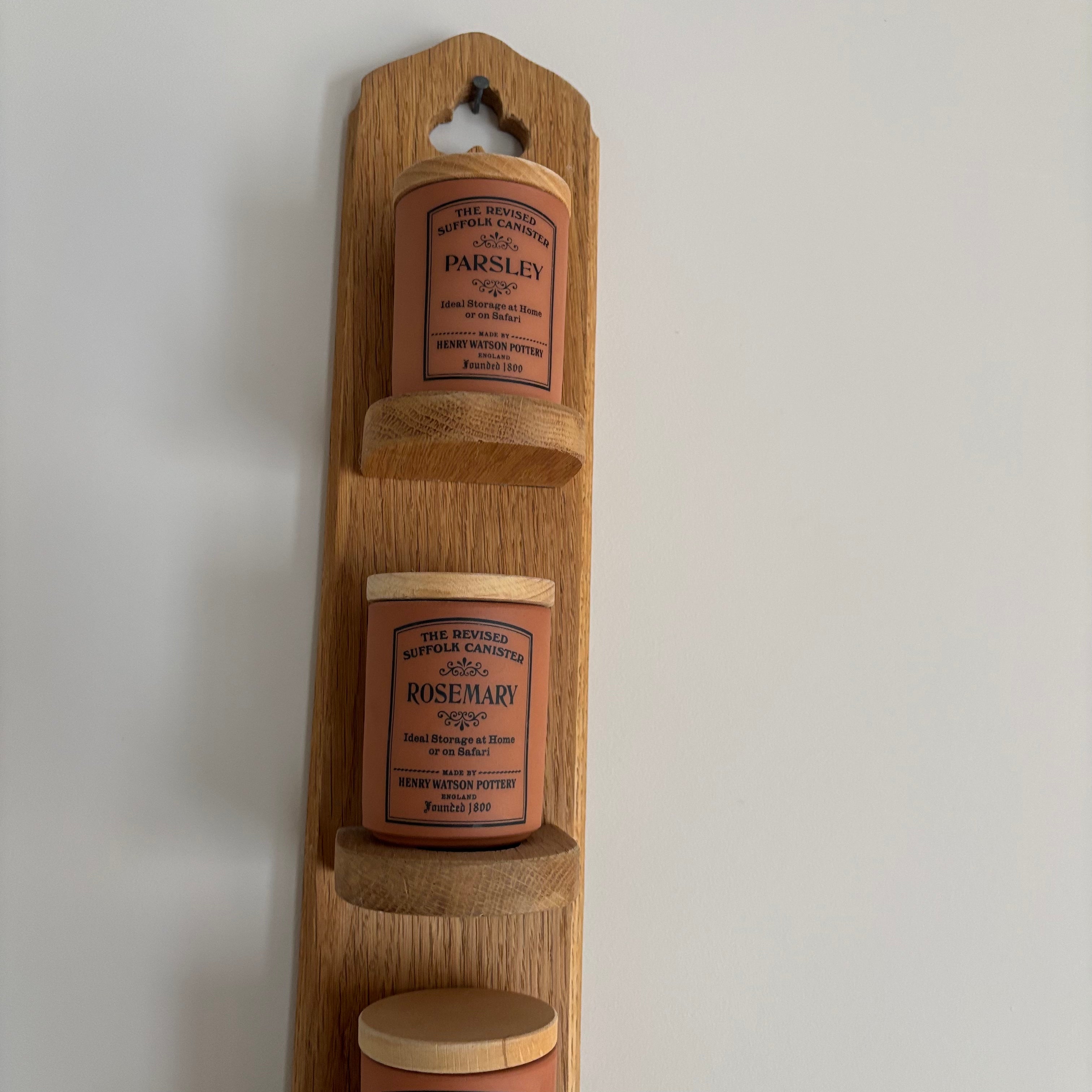 E765 35” tall Hanging wooden spice rack with terracotta canisters
