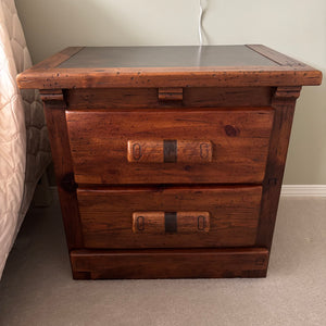 E774 Vintage Link-Taylor "Rawhide" series two drawer wooden nightstand with western style carved block drawer pulls