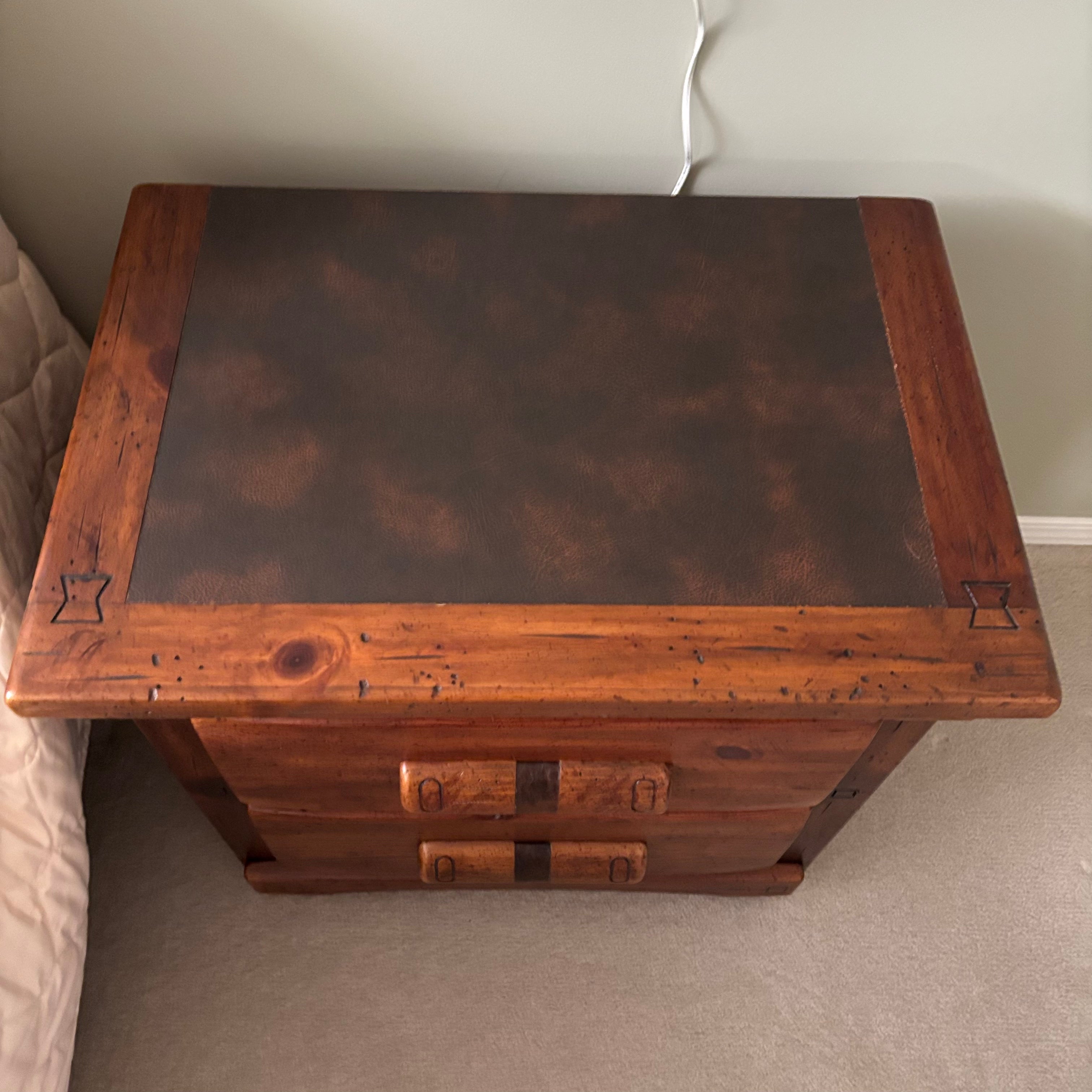 E774 Vintage Link-Taylor "Rawhide" series two drawer wooden nightstand with western style carved block drawer pulls