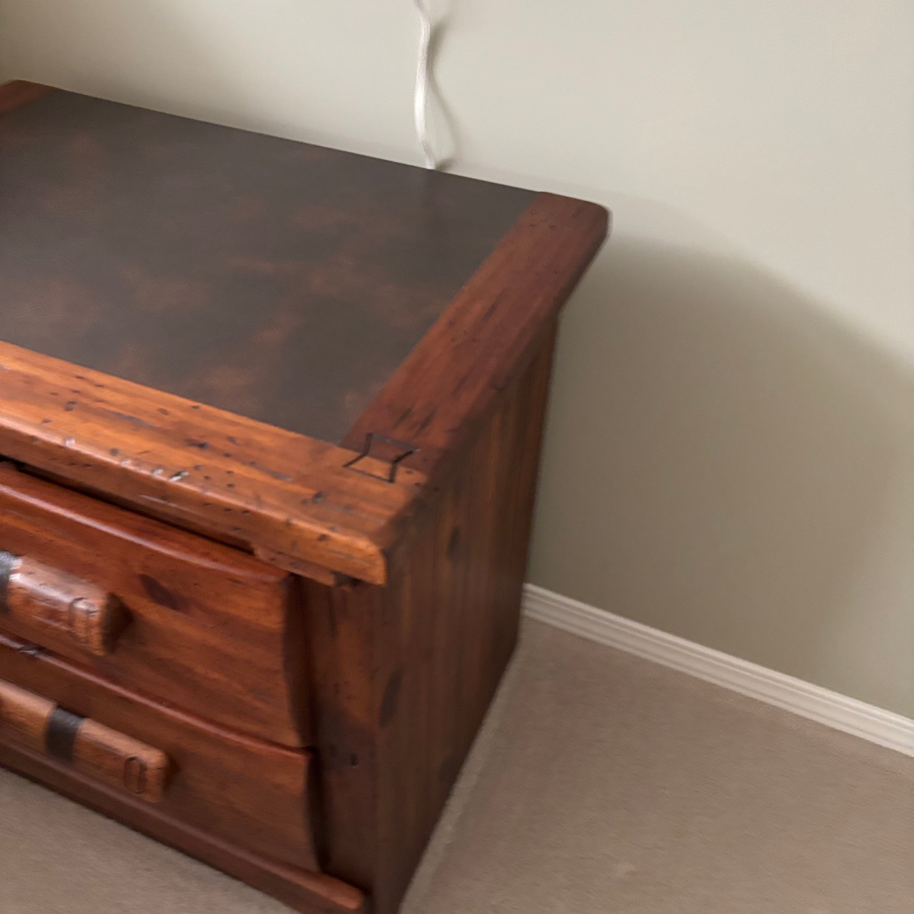 E774 Vintage Link-Taylor "Rawhide" series two drawer wooden nightstand with western style carved block drawer pulls