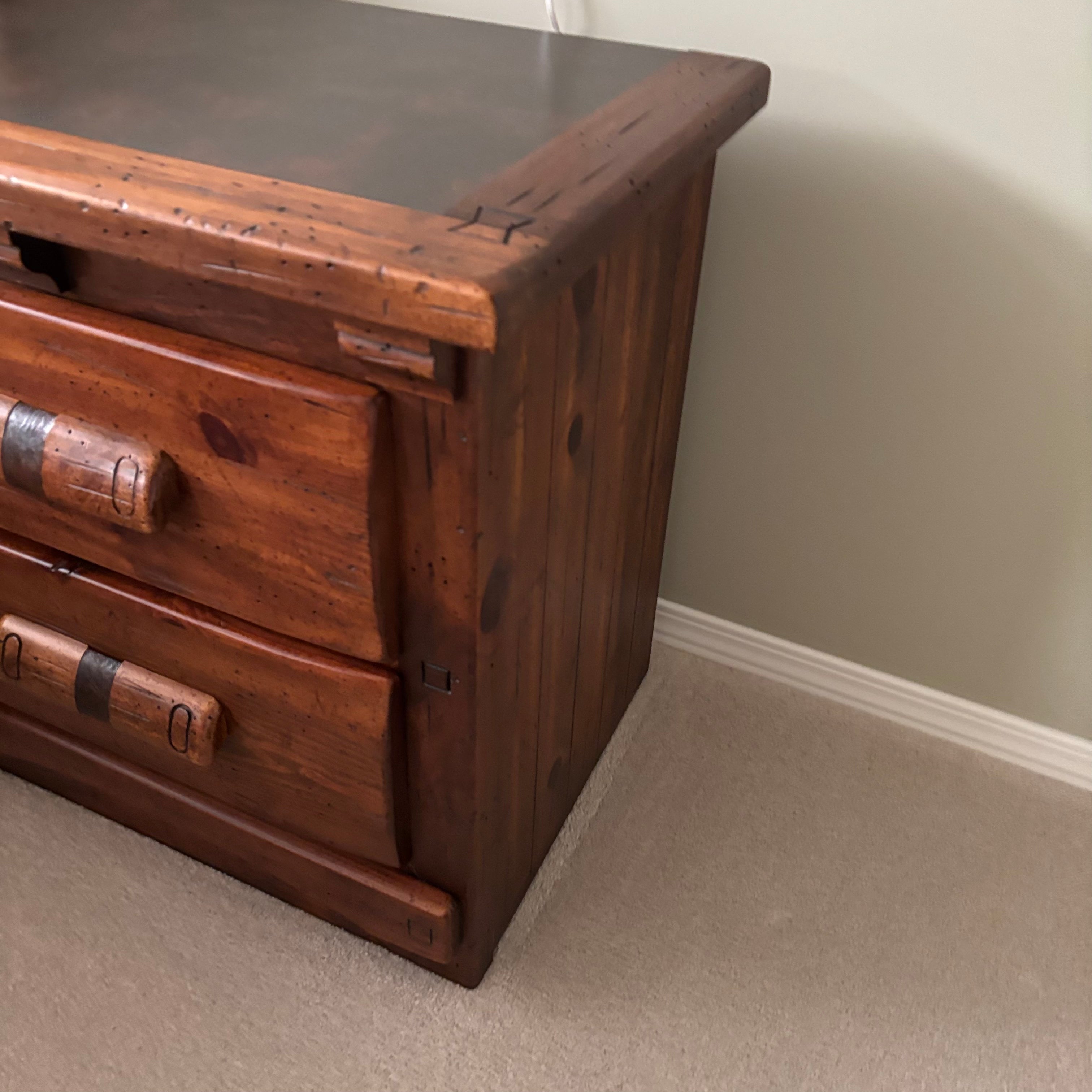 E774 Vintage Link-Taylor "Rawhide" series two drawer wooden nightstand with western style carved block drawer pulls