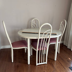 E778 Vintage white dining set with four white metal pink upholstered vinyl chairs