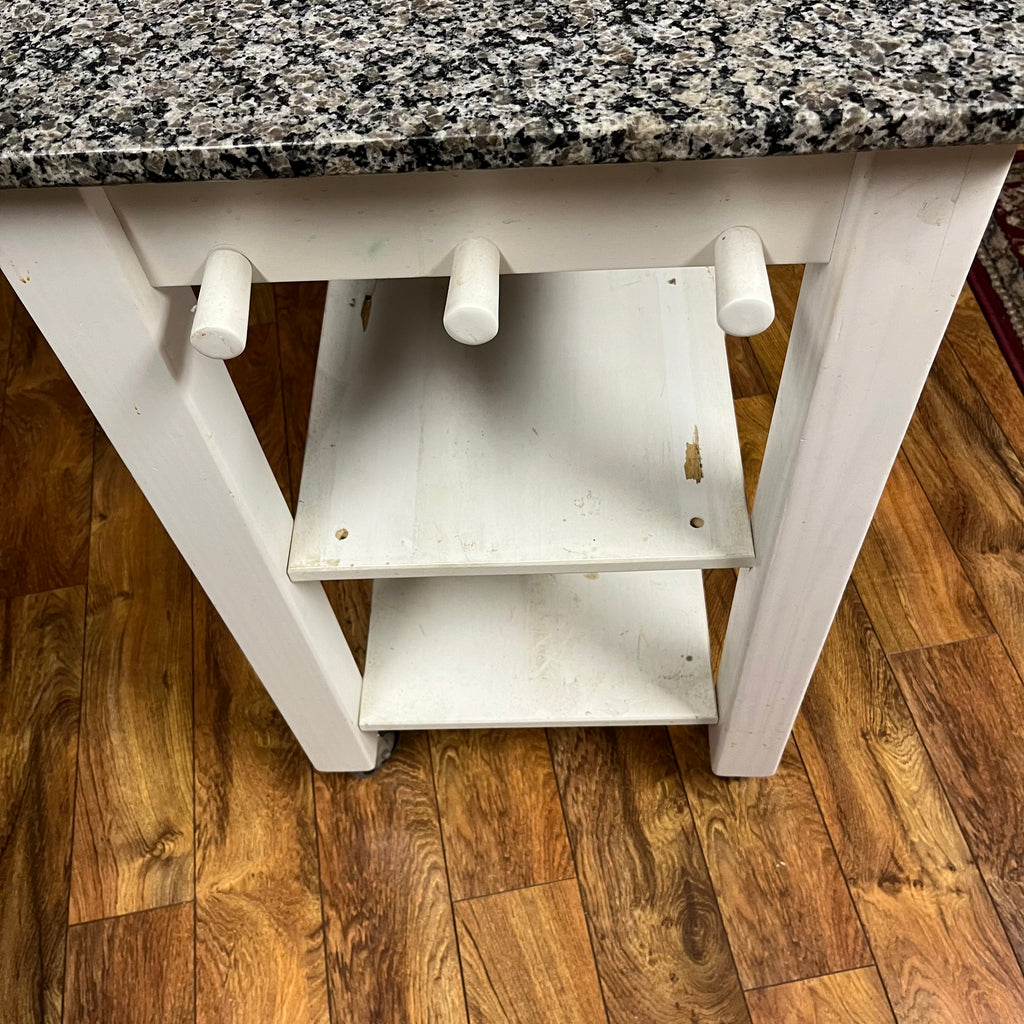 F517 White kitchen island with marble top (26" x 21" x 36")(some paint has chipped)