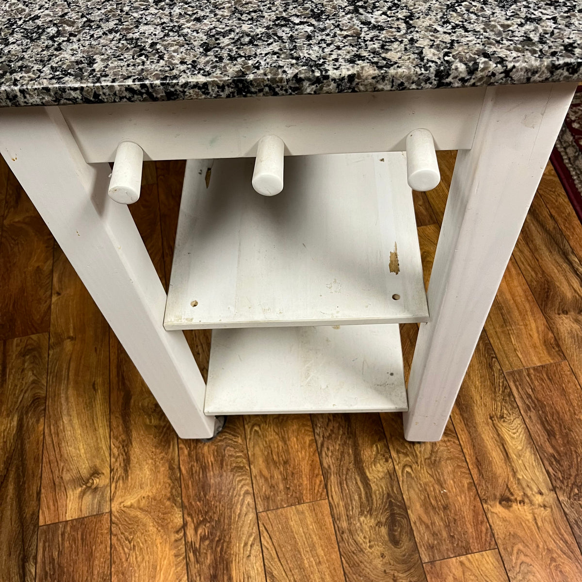 F517 White kitchen island with marble top (26" x 21" x 36")(some paint has chipped)