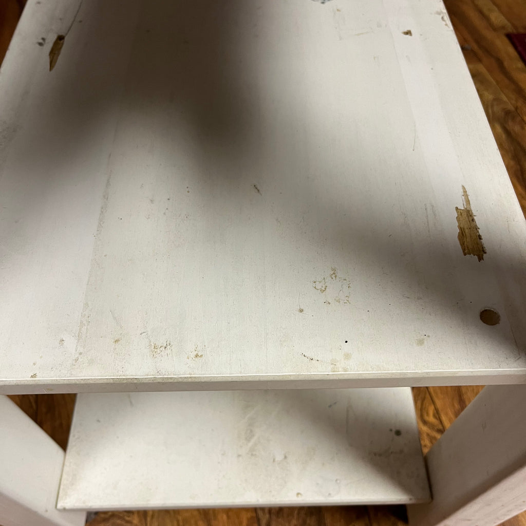 F517 White kitchen island with marble top (26" x 21" x 36")(some paint has chipped)
