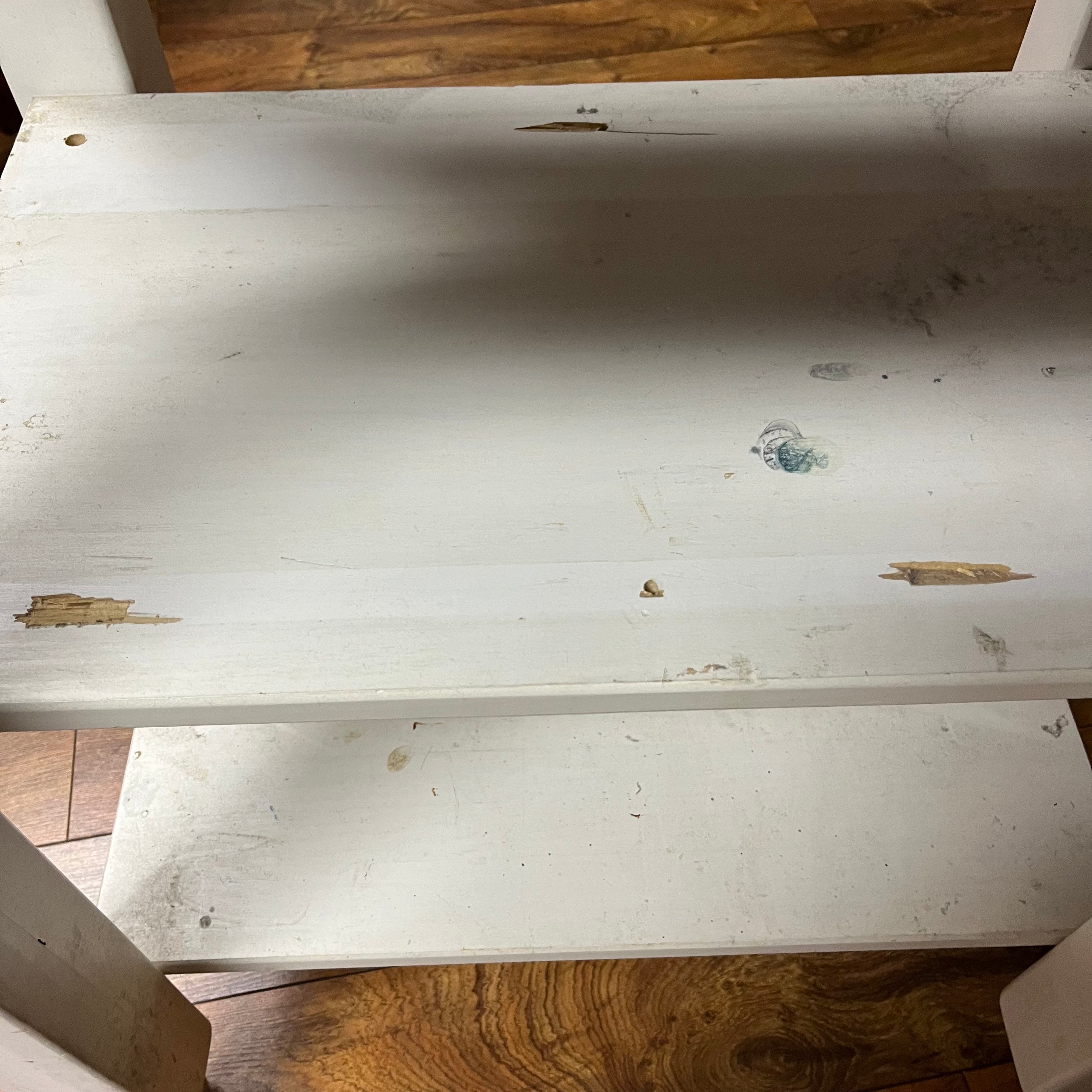 F517 White kitchen island with marble top (26" x 21" x 36")(some paint has chipped)