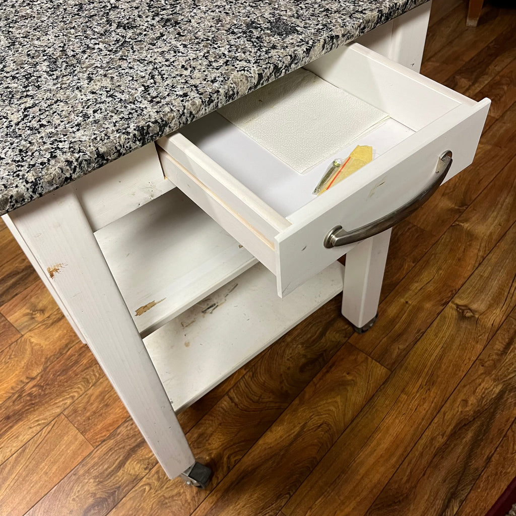 F517 White kitchen island with marble top (26" x 21" x 36")(some paint has chipped)