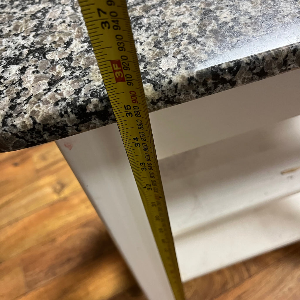 F517 White kitchen island with marble top (26" x 21" x 36")(some paint has chipped)
