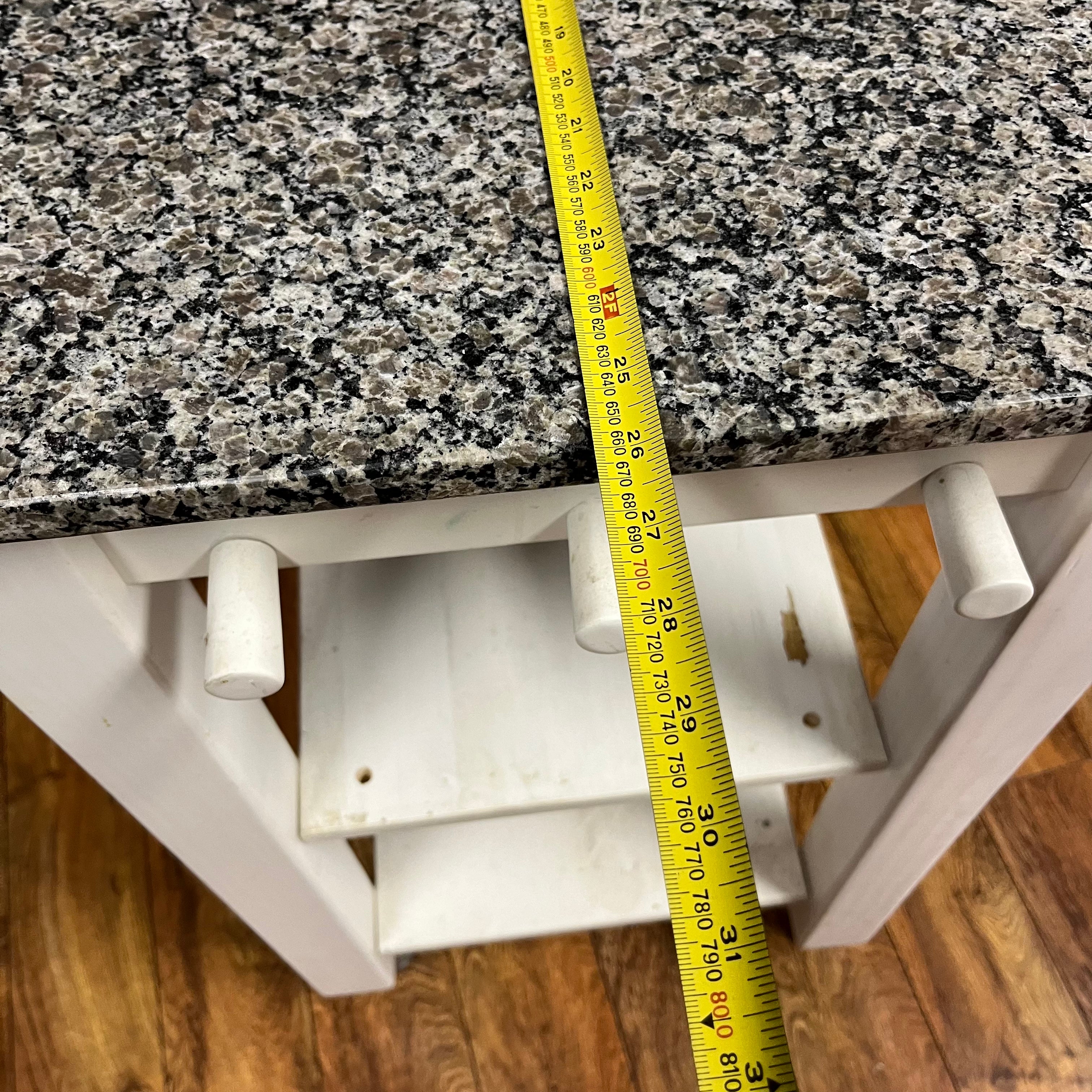 F517 White kitchen island with marble top (26" x 21" x 36")(some paint has chipped)