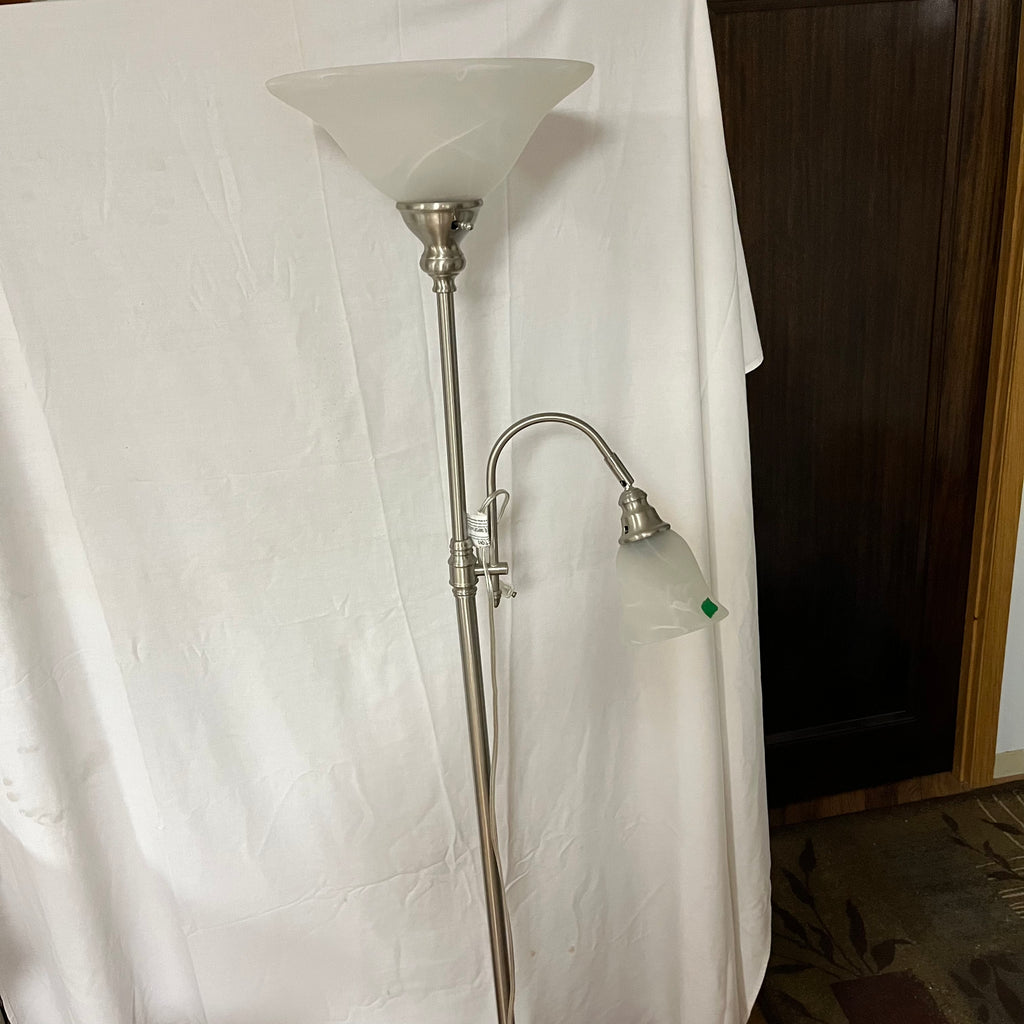 F531 Torchiere style lamp with metal base and adjustable reading lamp