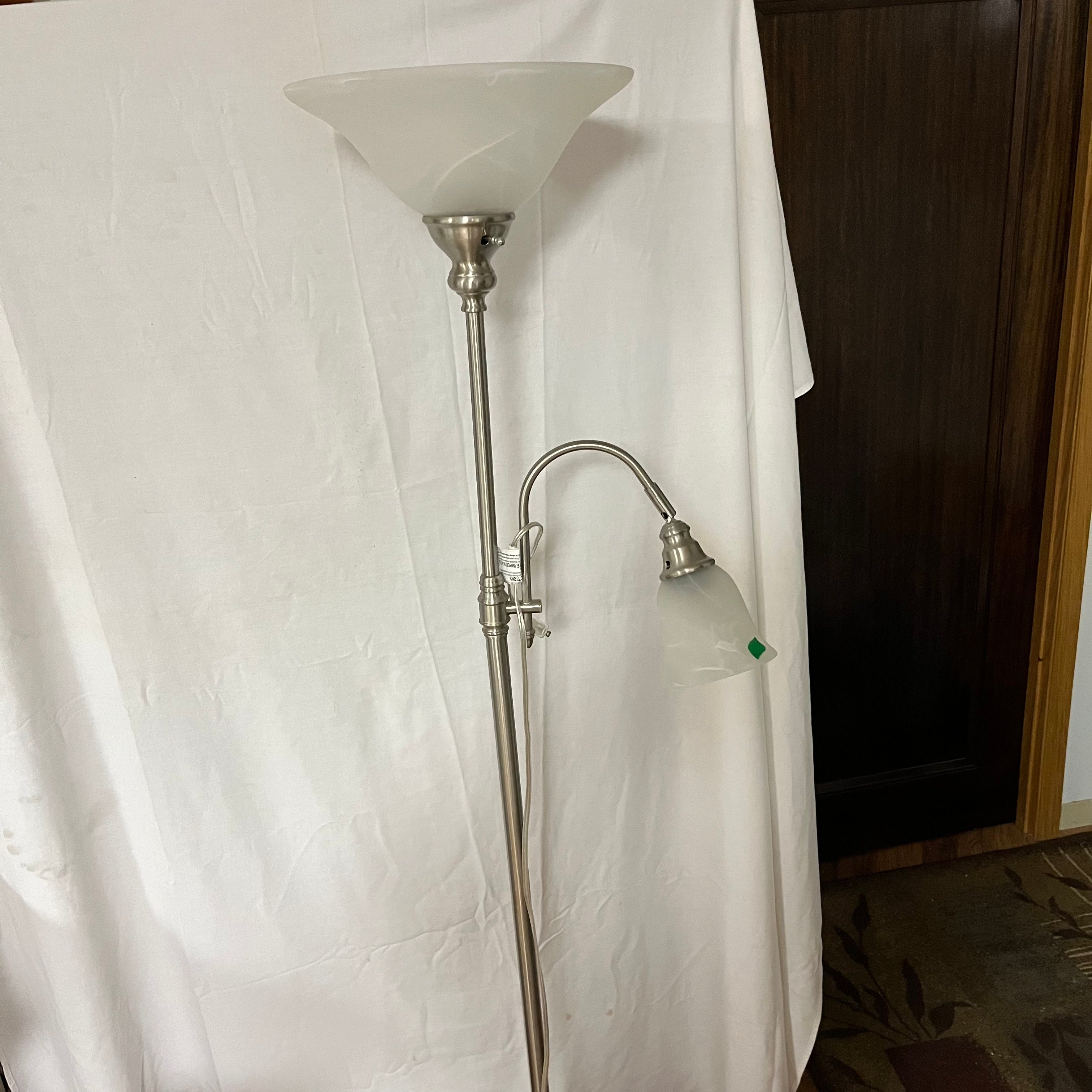 F531 Torchiere style lamp with metal base and adjustable reading lamp