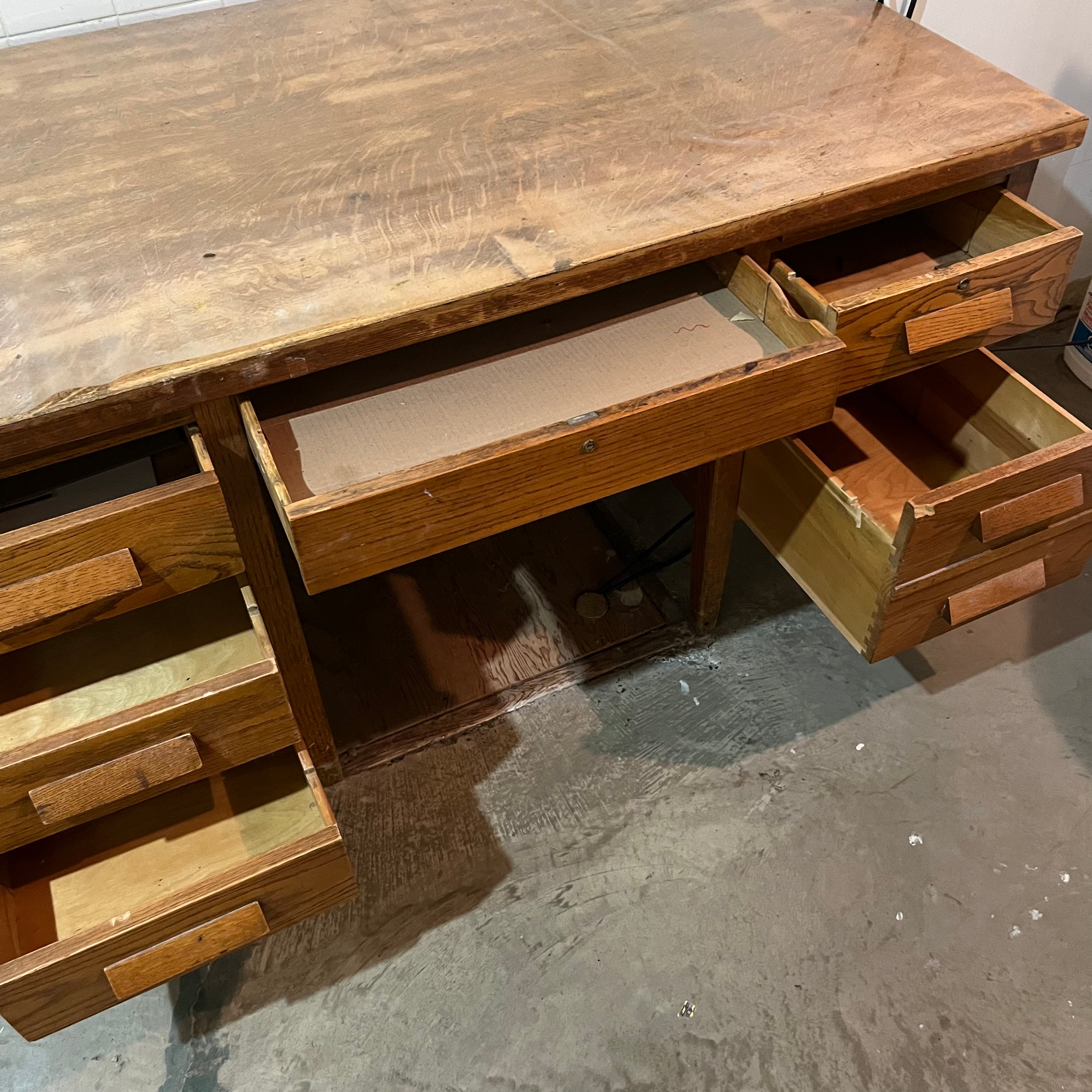 F539 Vintage wooden teachers desk with six drawers