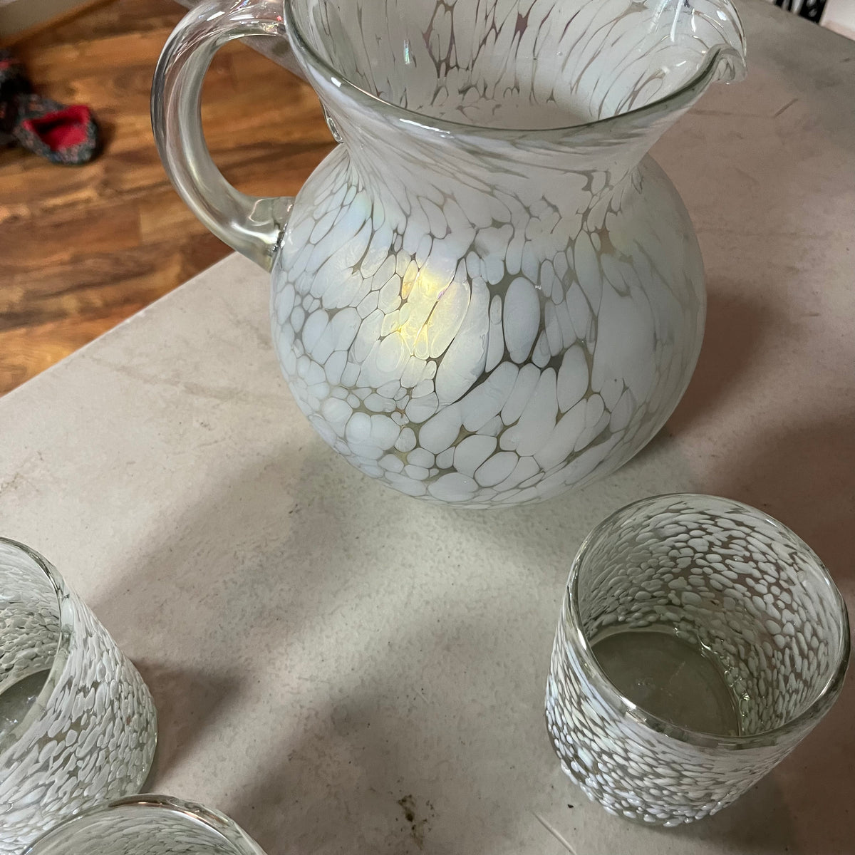 F556 Vintage artisanal pitcher and four glasses