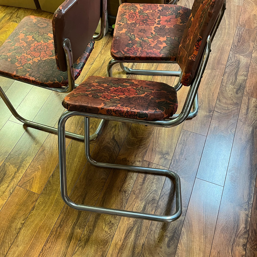 F567 Set of 3 vintage metal chairs with floral vinyl