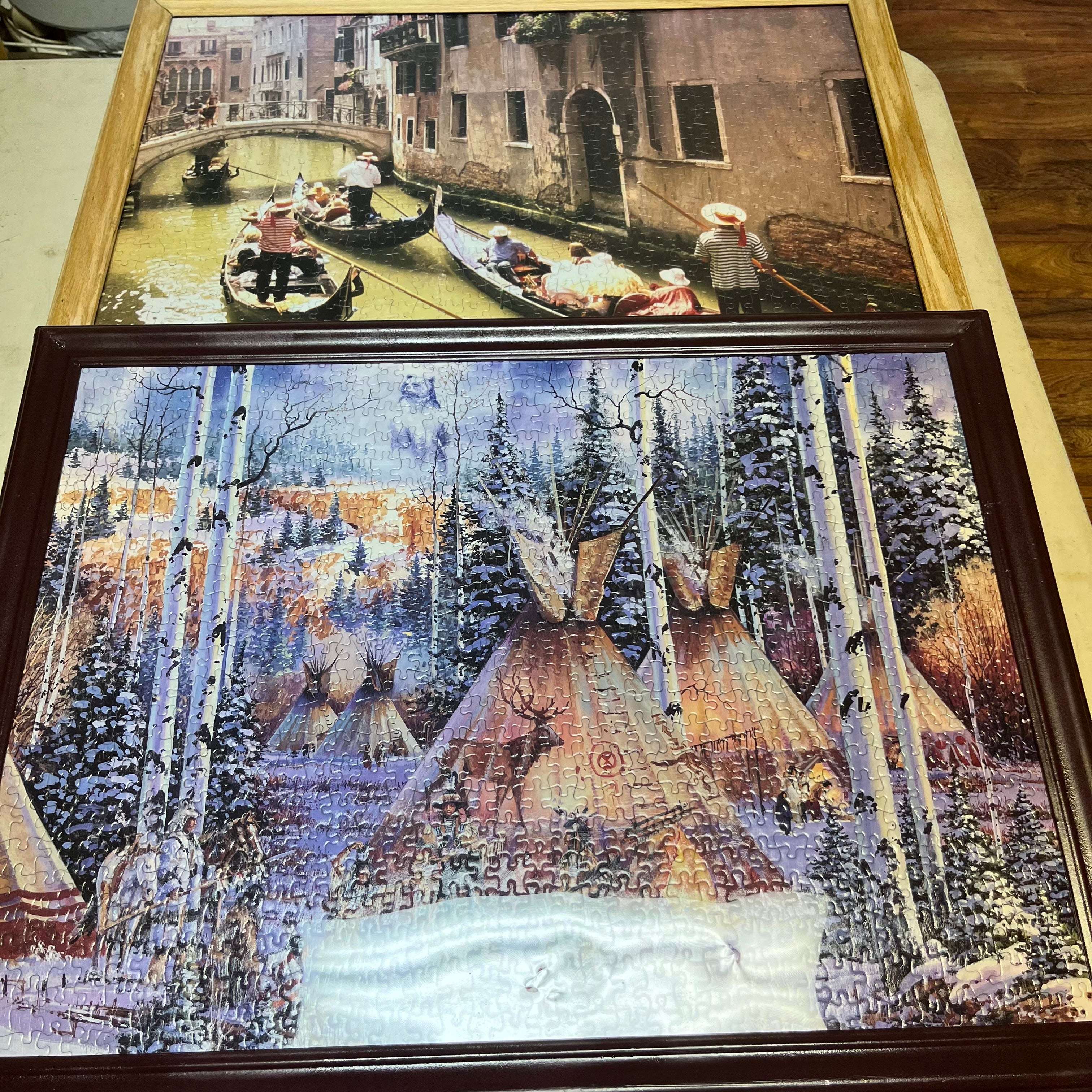F575 Set of 2 framed puzzles (teepee scene and gondolas of Venice)