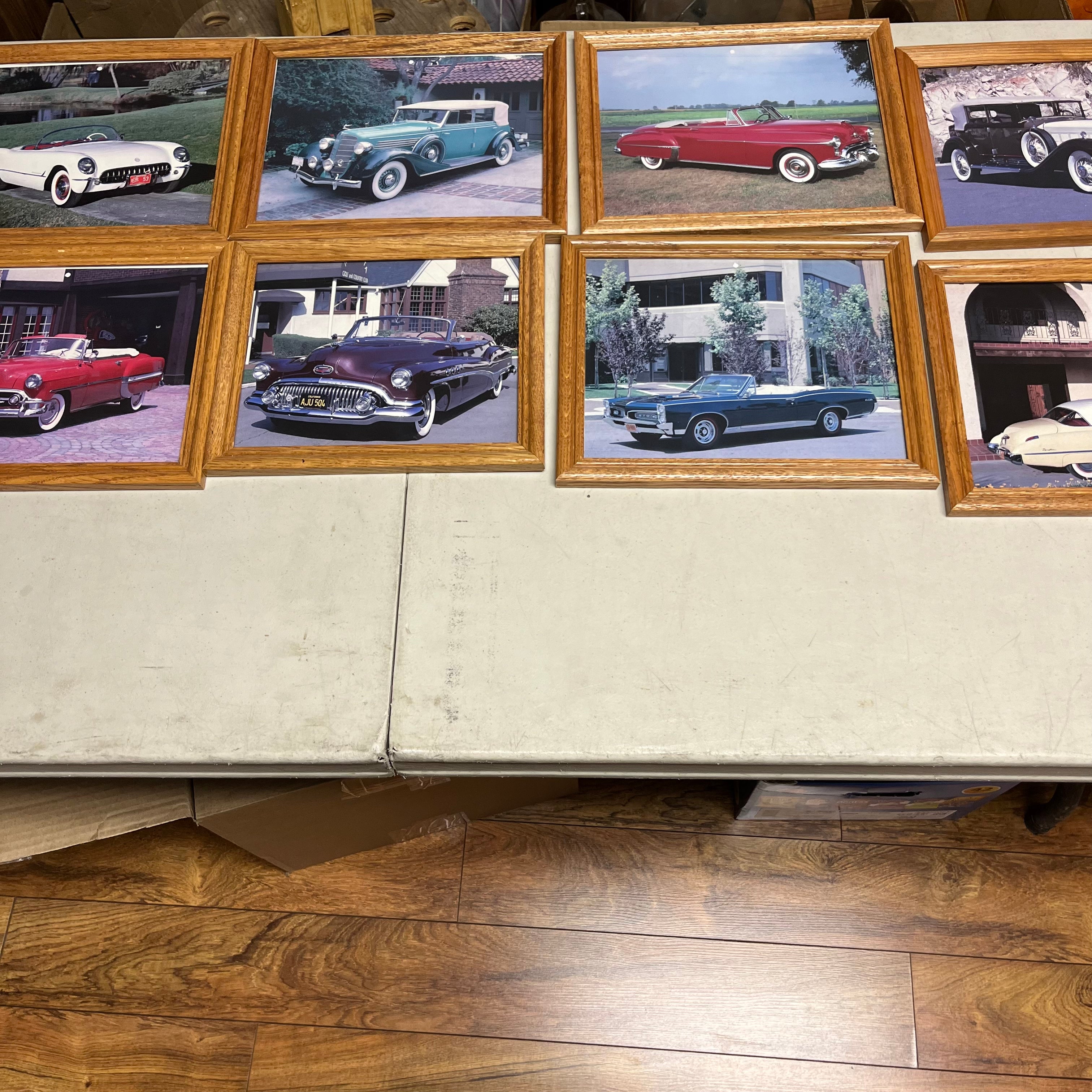 F577 Set of 8 framed pictures of classic cars
