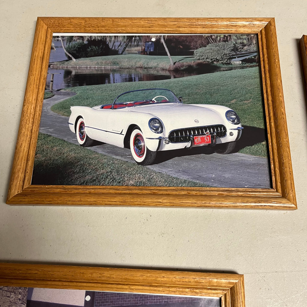 F577 Set of 8 framed pictures of classic cars
