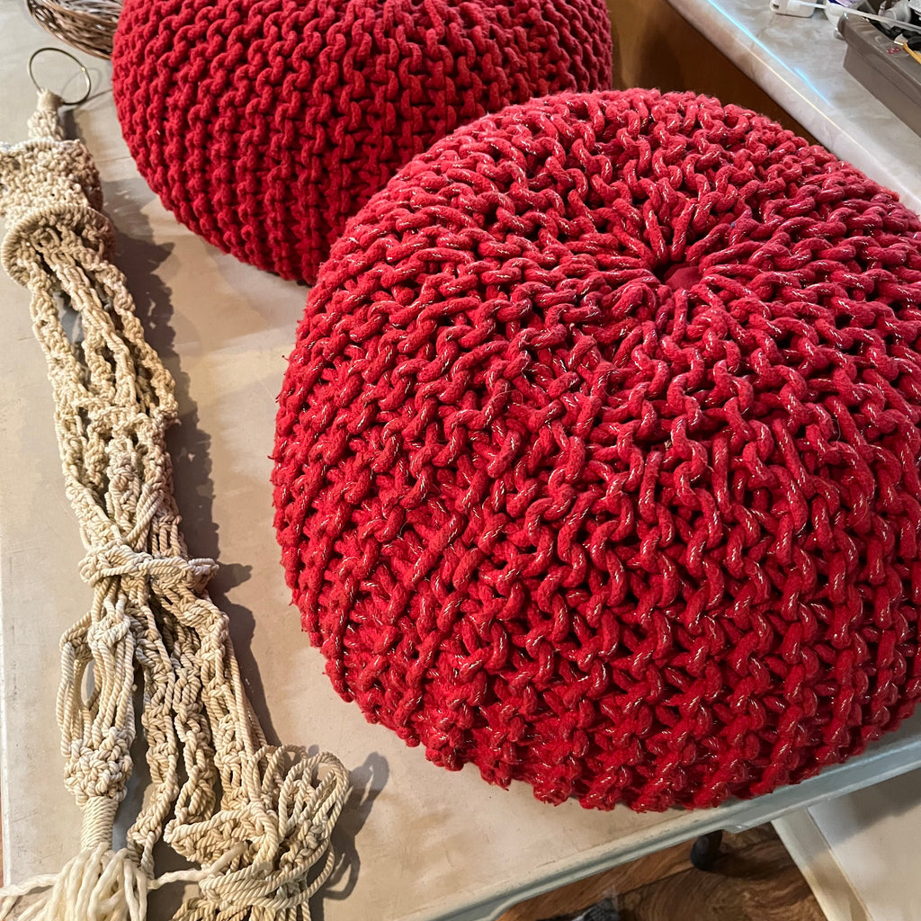 F581 Home Decor Grouping (crocheted poufs and macrame plant hanger)