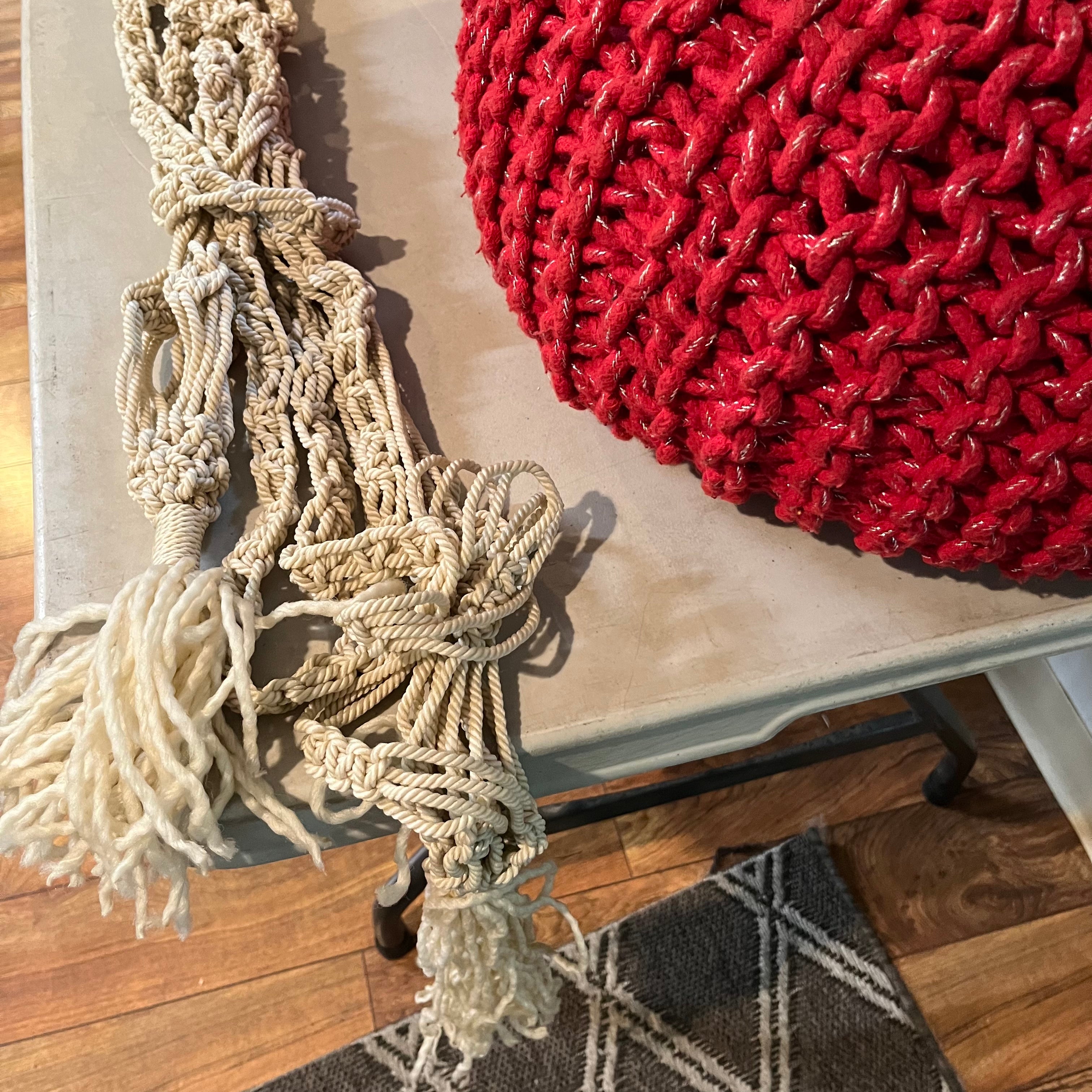 F581 Home Decor Grouping (crocheted poufs and macrame plant hanger)