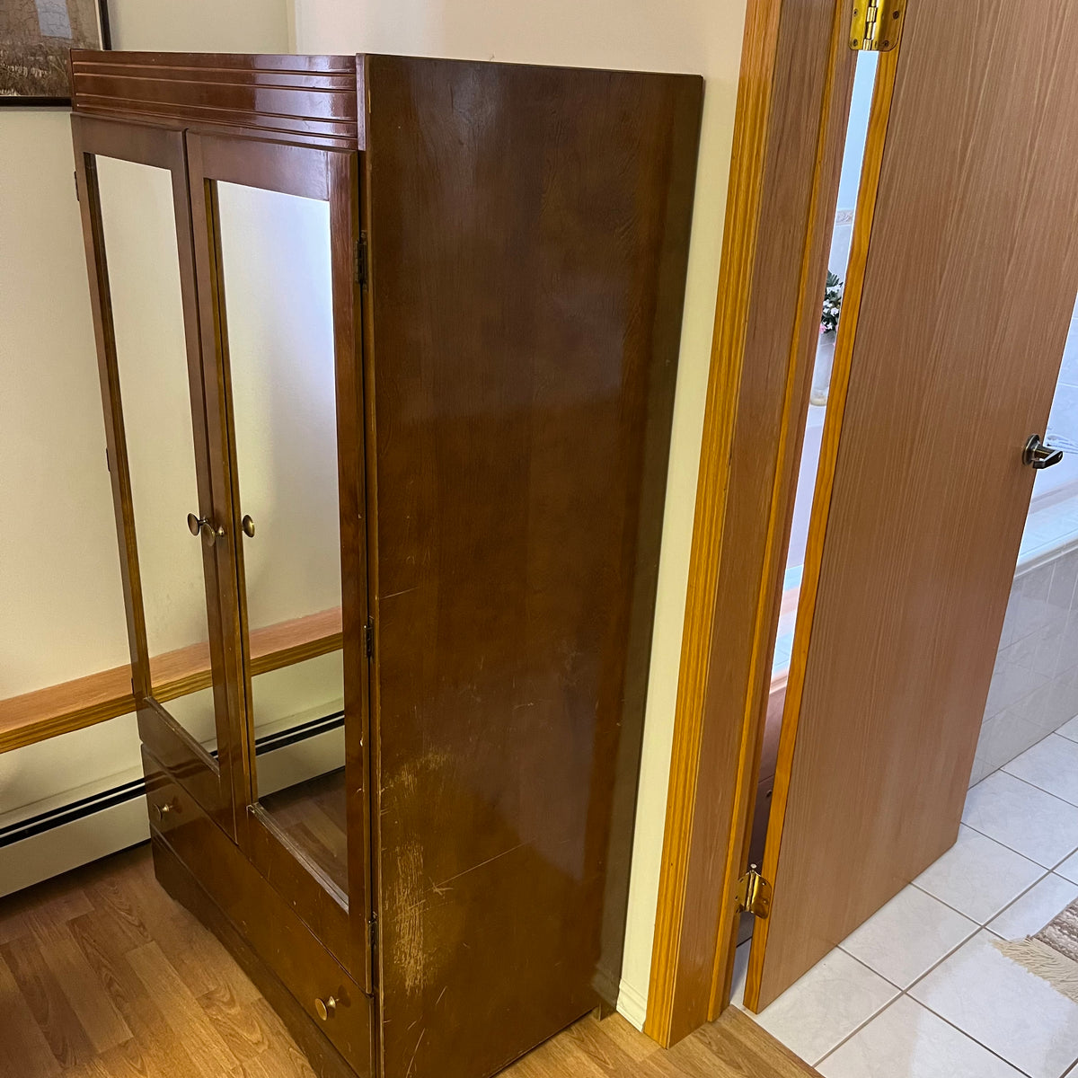 F584 Vintage dark wooden wardrobe with mirrored doors