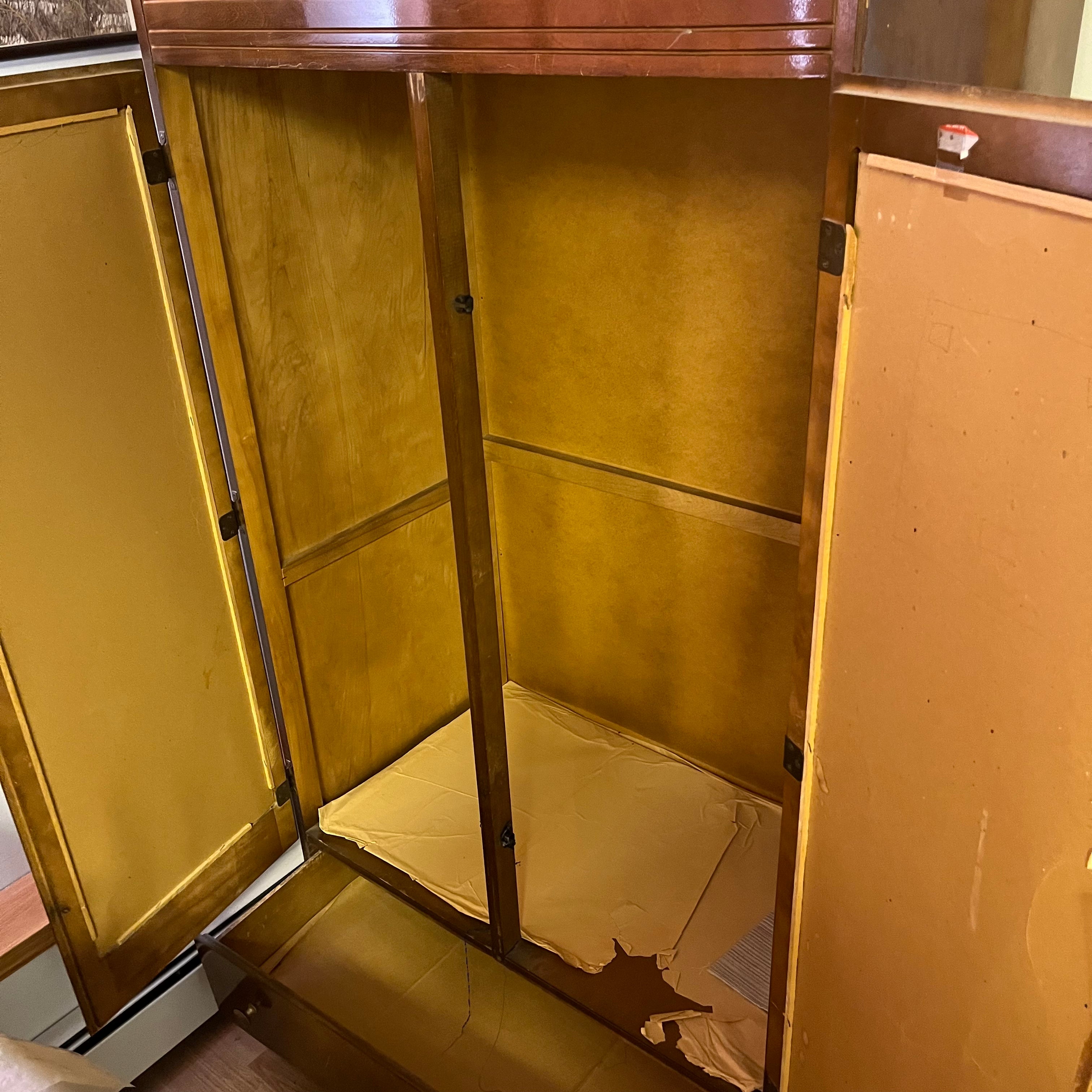F584 Vintage dark wooden wardrobe with mirrored doors
