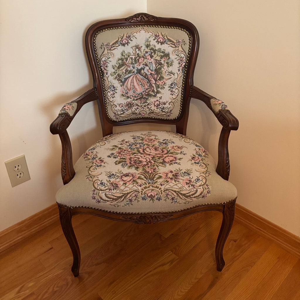 F121 Vintage Louis XV style accent chair with floral embroidery
