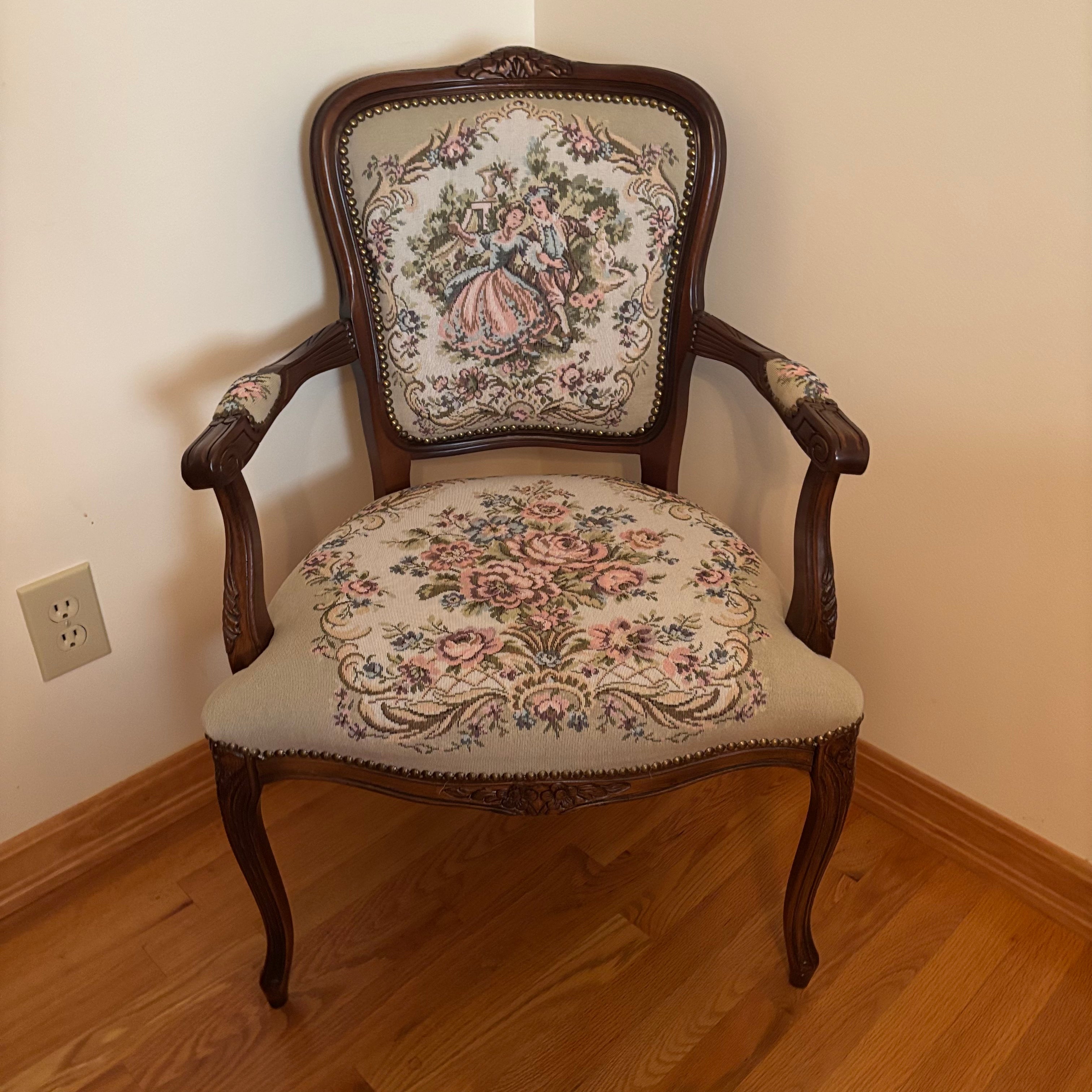 F121 Vintage Louis XV style accent chair with floral embroidery
