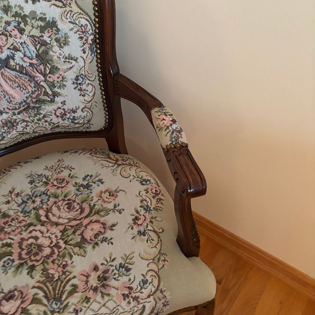 F121 Vintage Louis XV style accent chair with floral embroidery