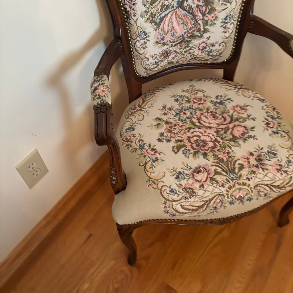 F121 Vintage Louis XV style accent chair with floral embroidery