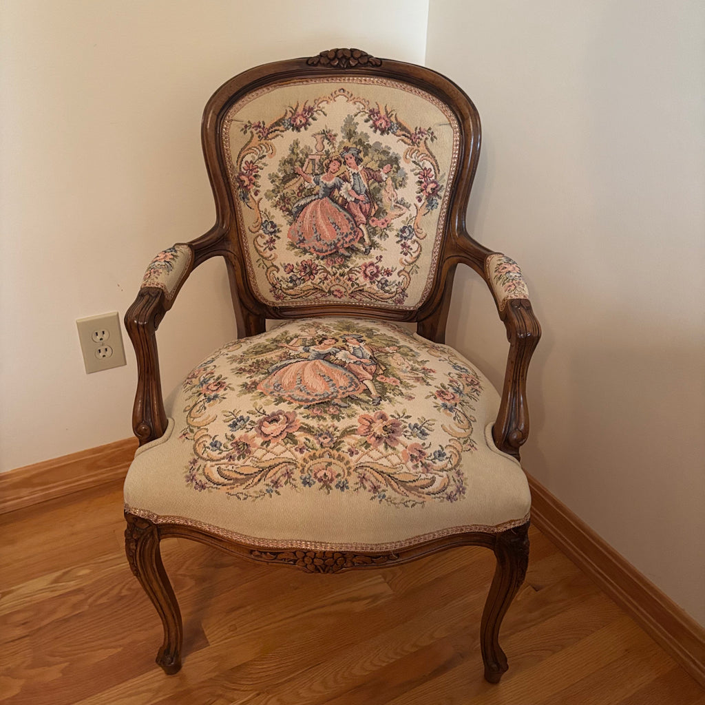 F123 Vintage Louis XV style accent chair with floral embroidery