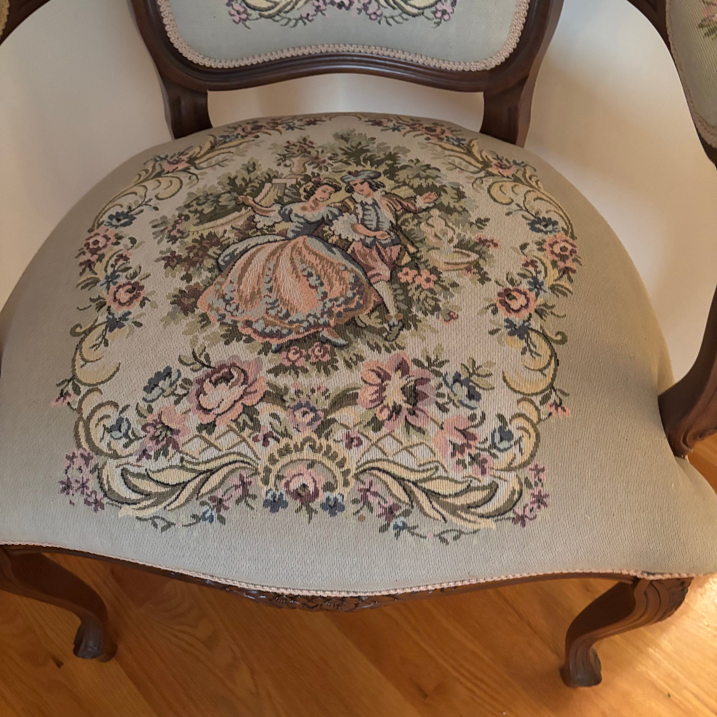 F124 Vintage Louis XV style accent chair with floral embroidery