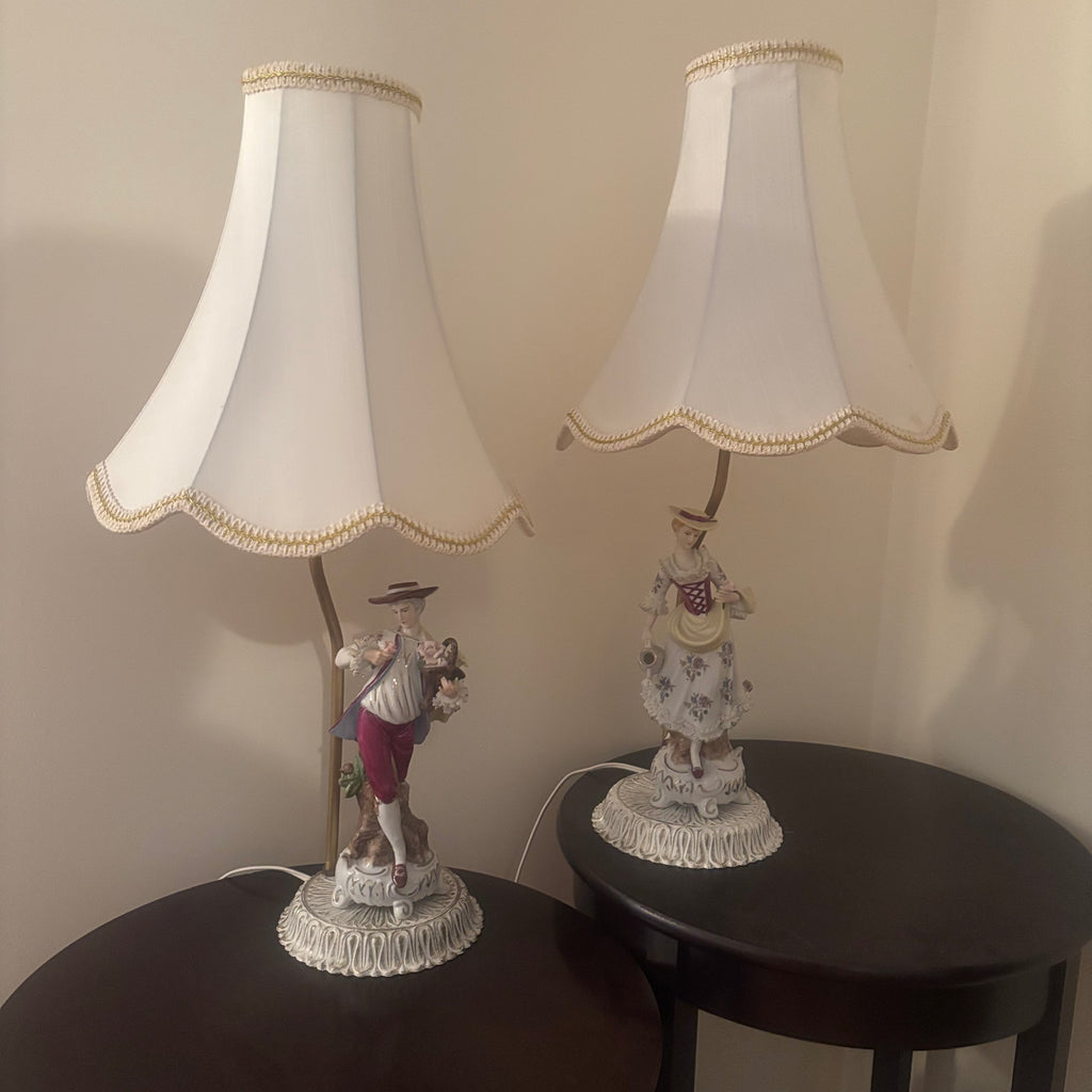 F127 Set of 2 Bisque Porcelain Figurine Lamps