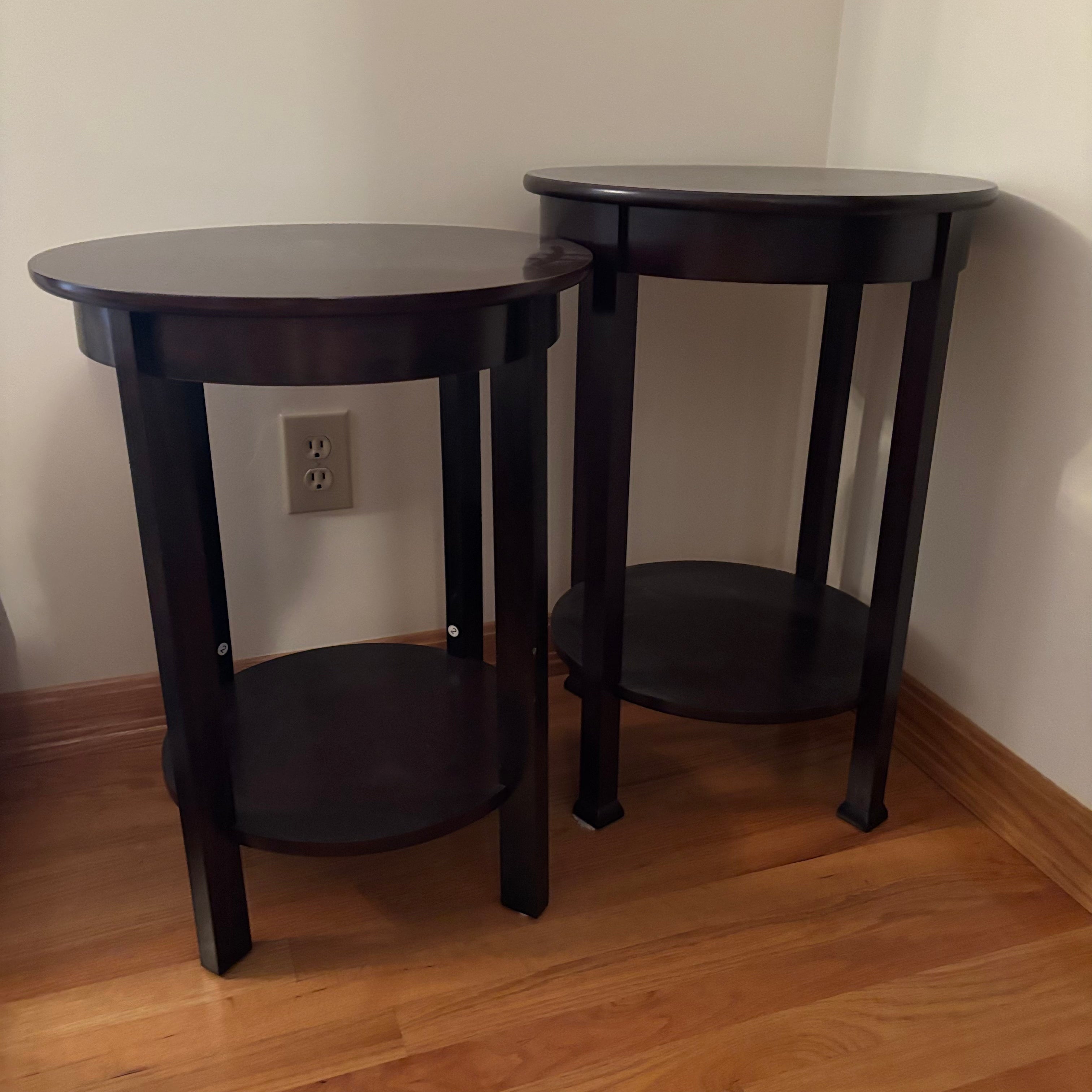 F126 Set of 2 dark wood round end tables