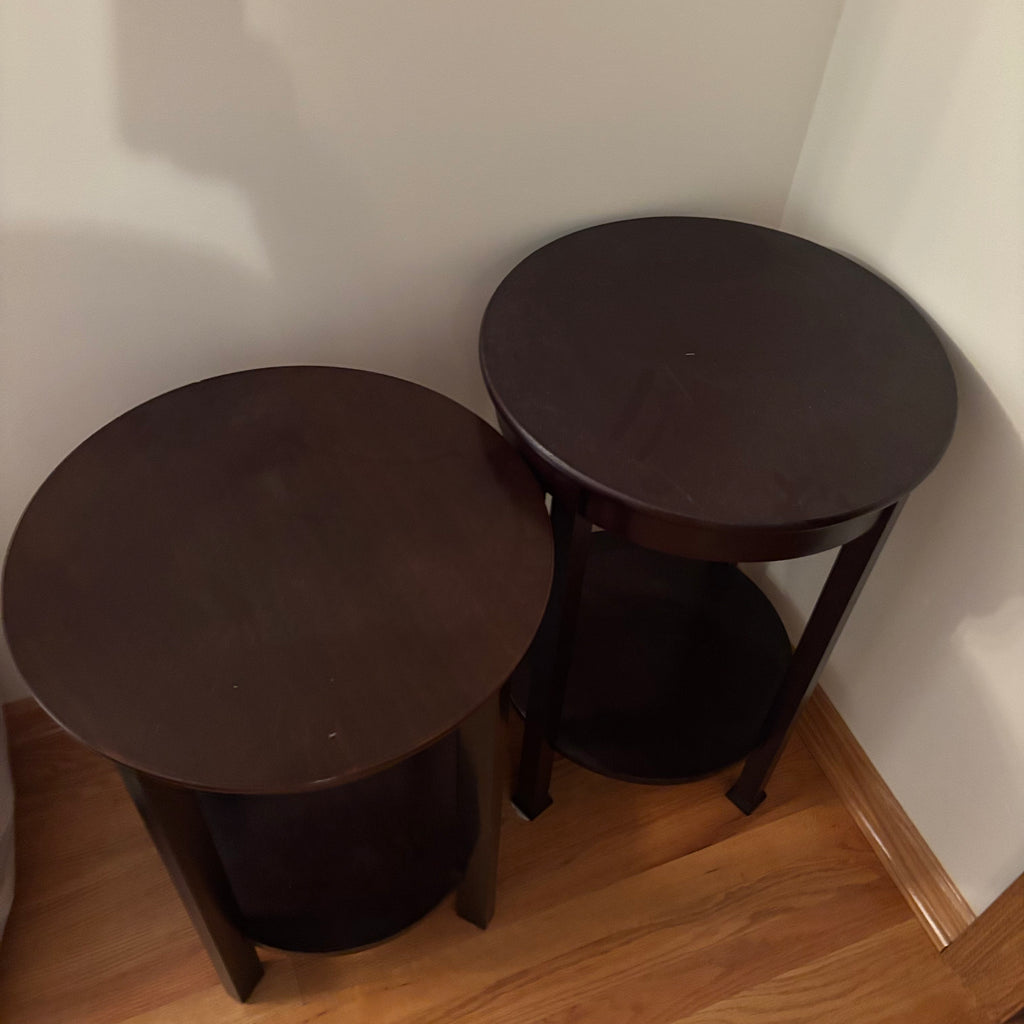 F126 Set of 2 dark wood round end tables
