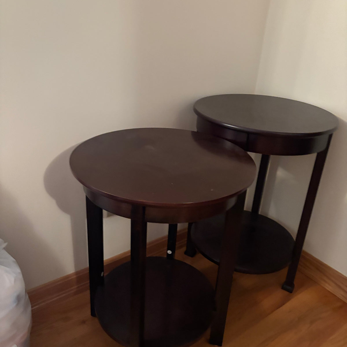 F126 Set of 2 dark wood round end tables
