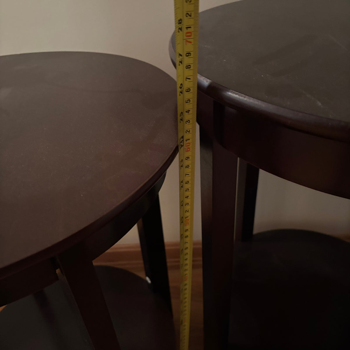 F126 Set of 2 dark wood round end tables
