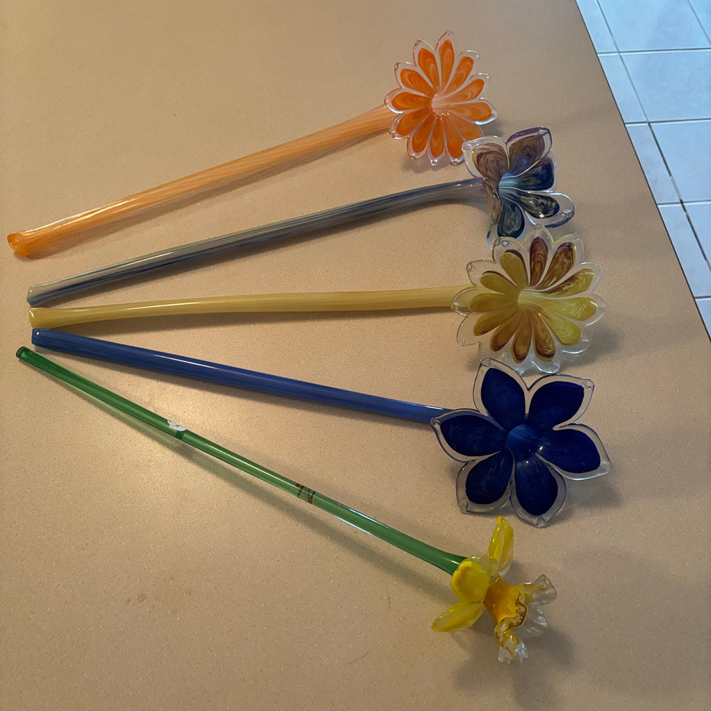 F129 Set of 5 Murano style glass flower stems