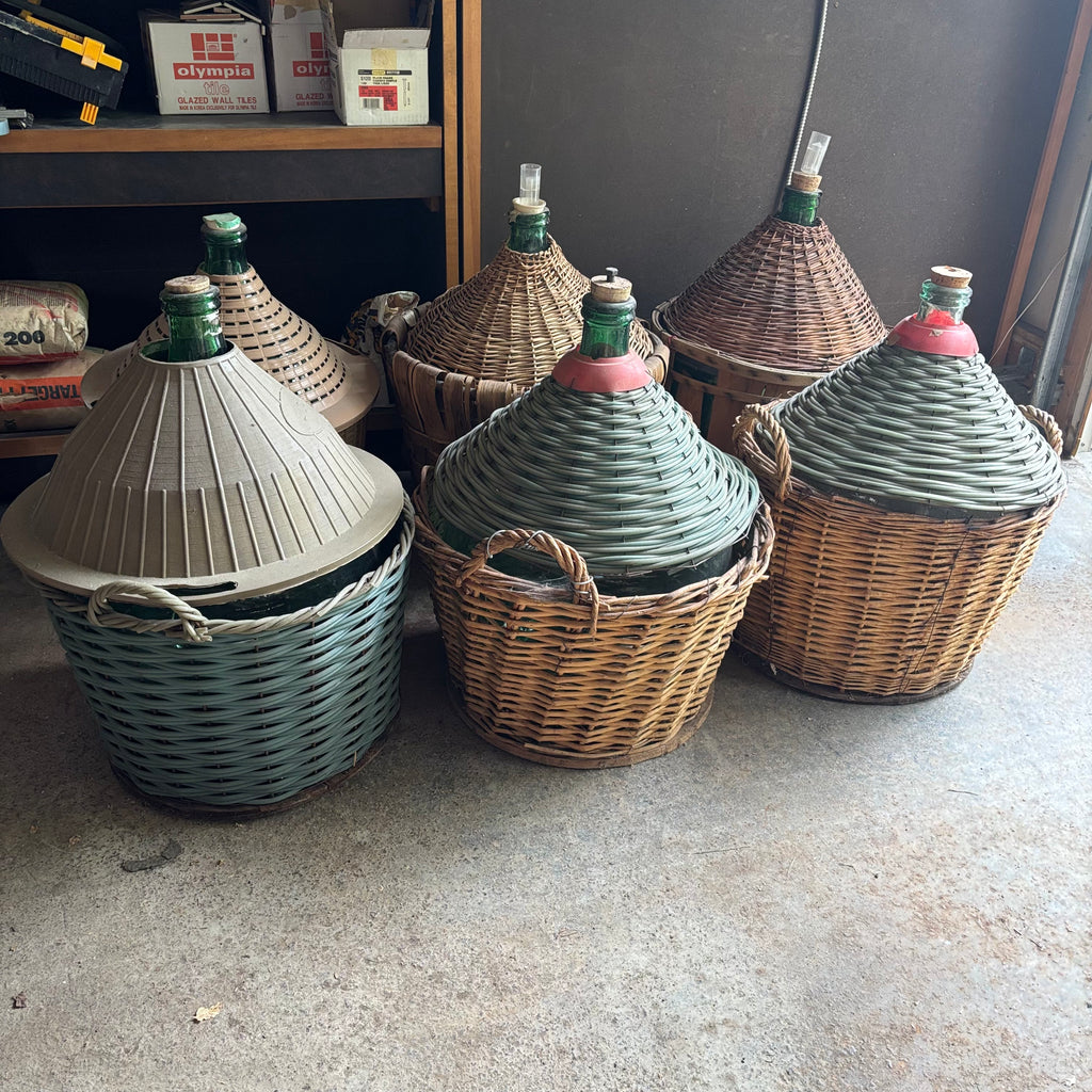 F131 Set of 6 Vintage Wicker Demijohns