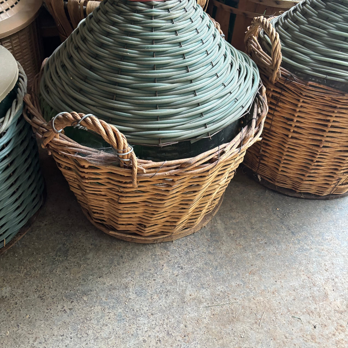 F131 Set of 6 Vintage Wicker Demijohns