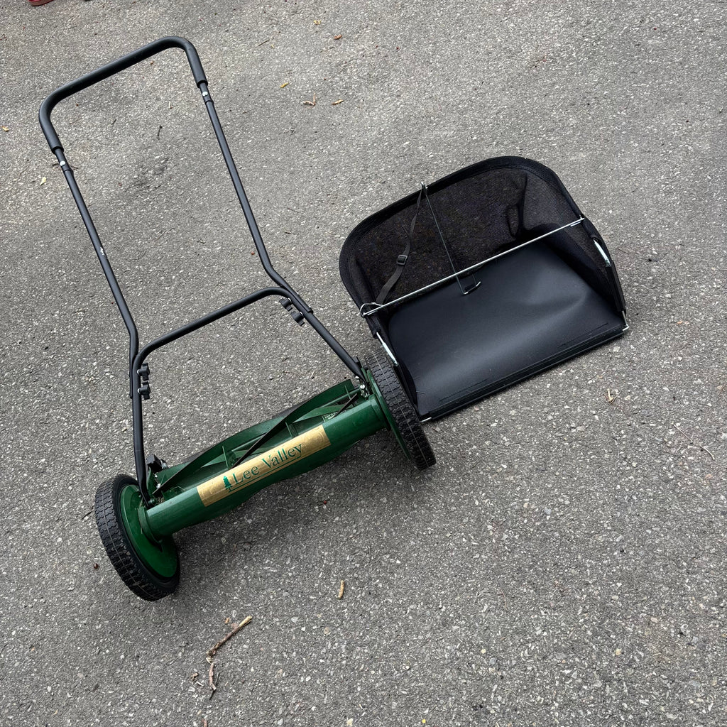 F132 Lee Valley push mower with bag