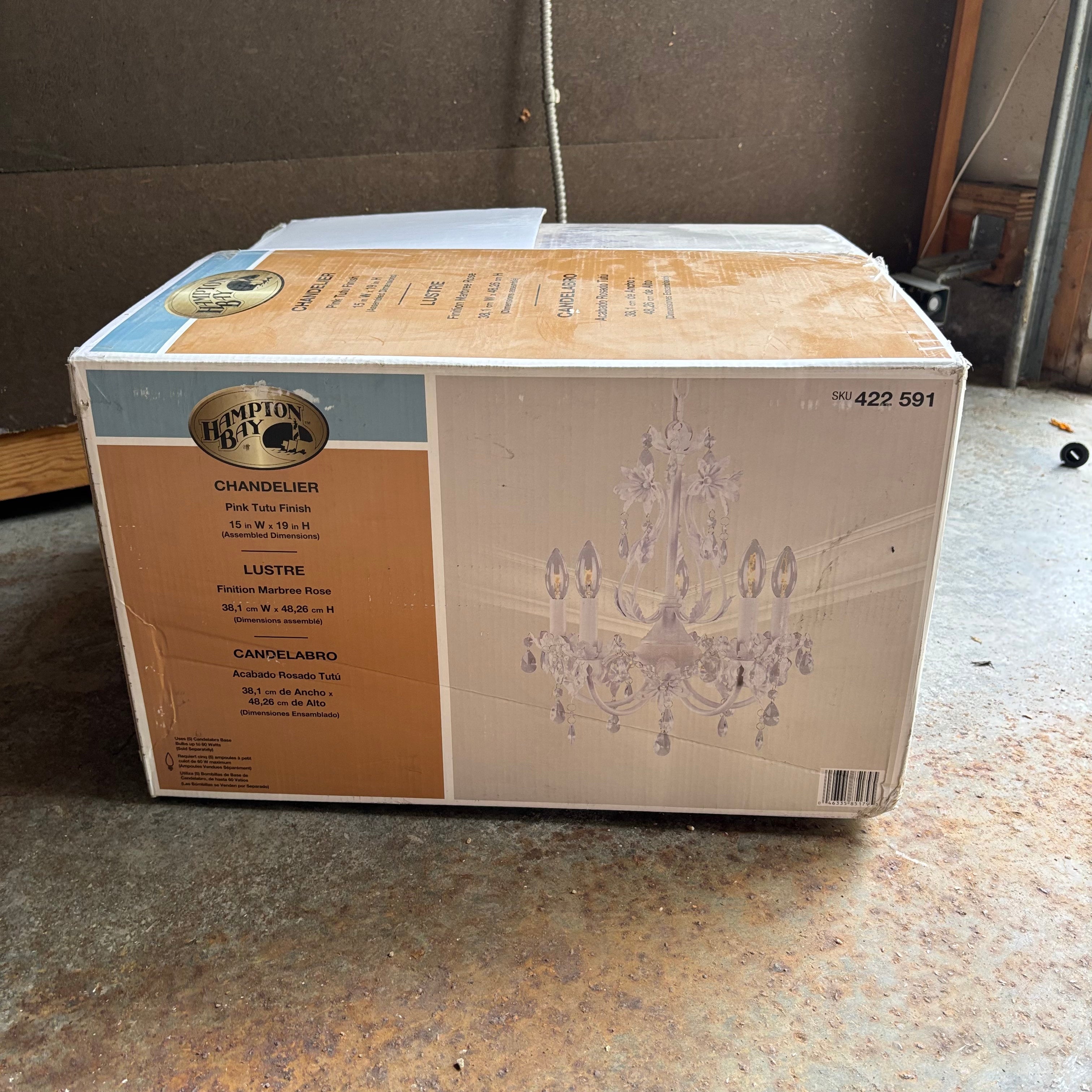 F148 Hampton Bay chandelier with pink tutu finish (new in box )