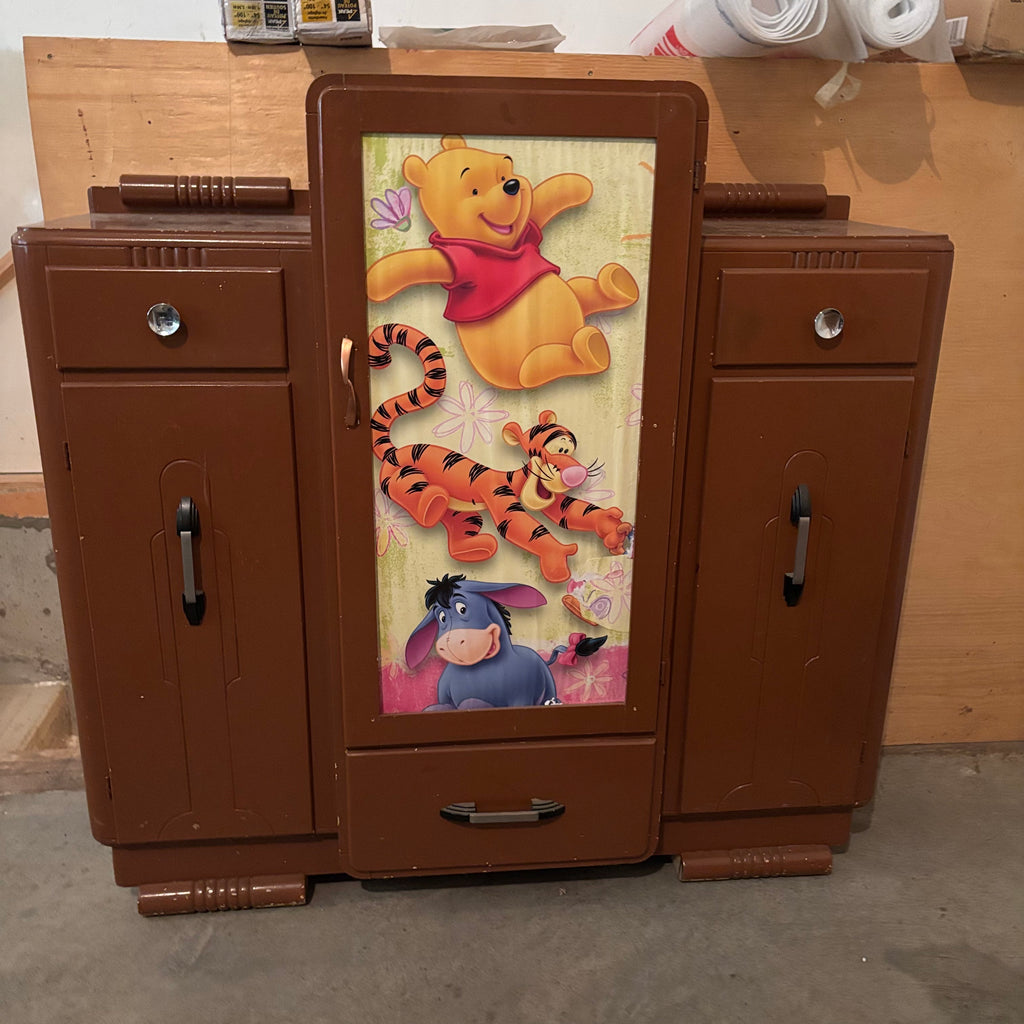F150 Vintage wooden children’s armoire with Winnie the Pooh detail (converted china cabinet?)