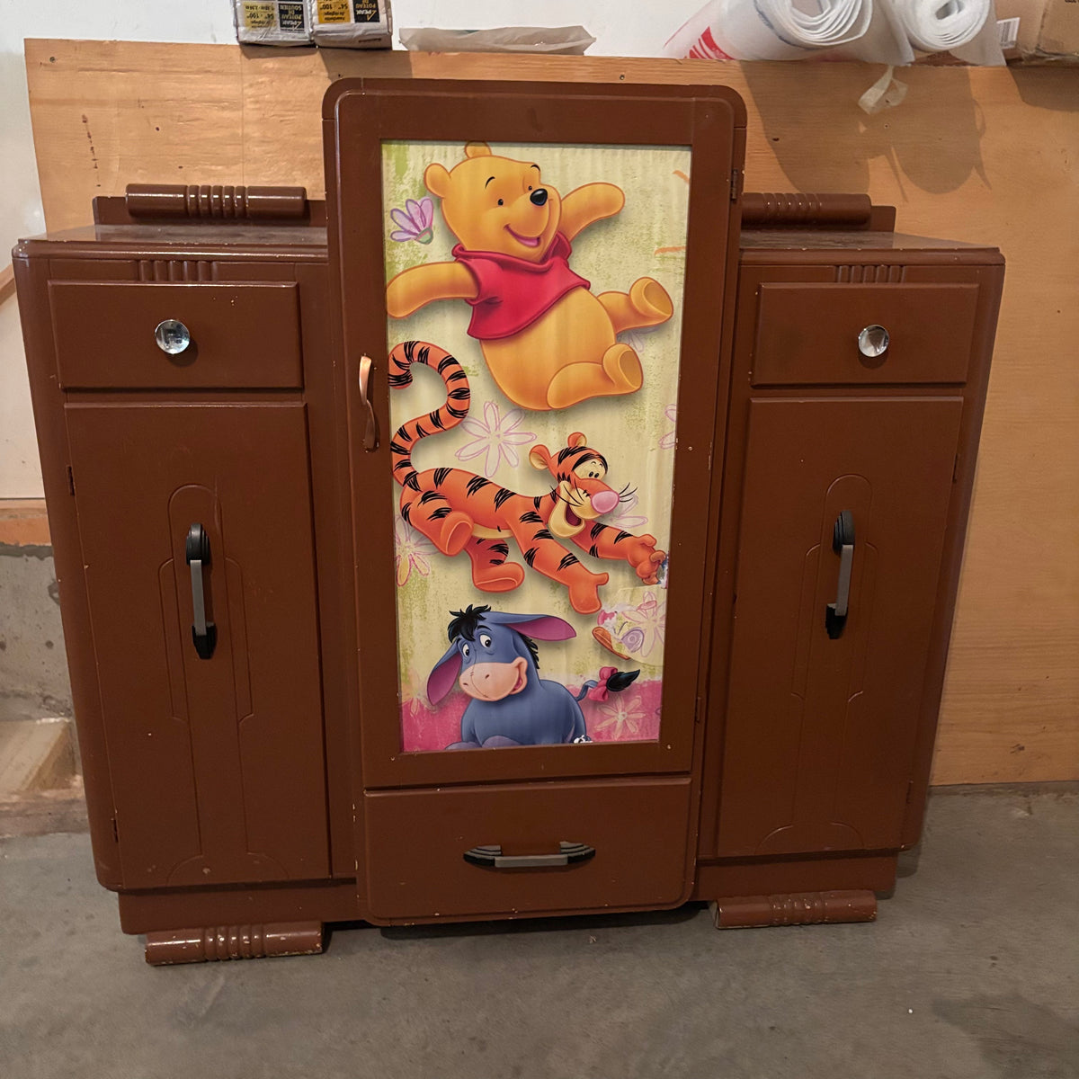 F150 Vintage wooden children’s armoire with Winnie the Pooh detail (converted china cabinet?)