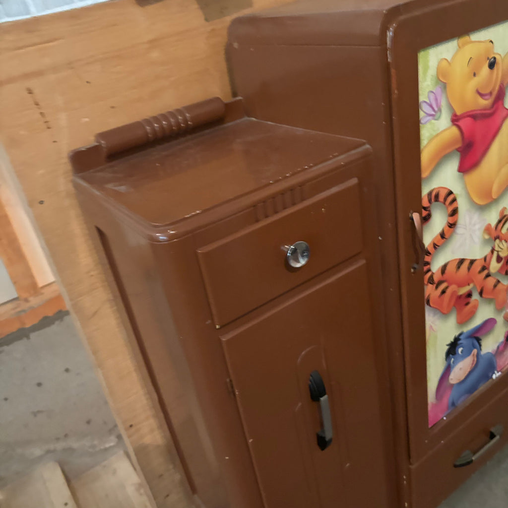 F150 Vintage wooden children’s armoire with Winnie the Pooh detail (converted china cabinet?)
