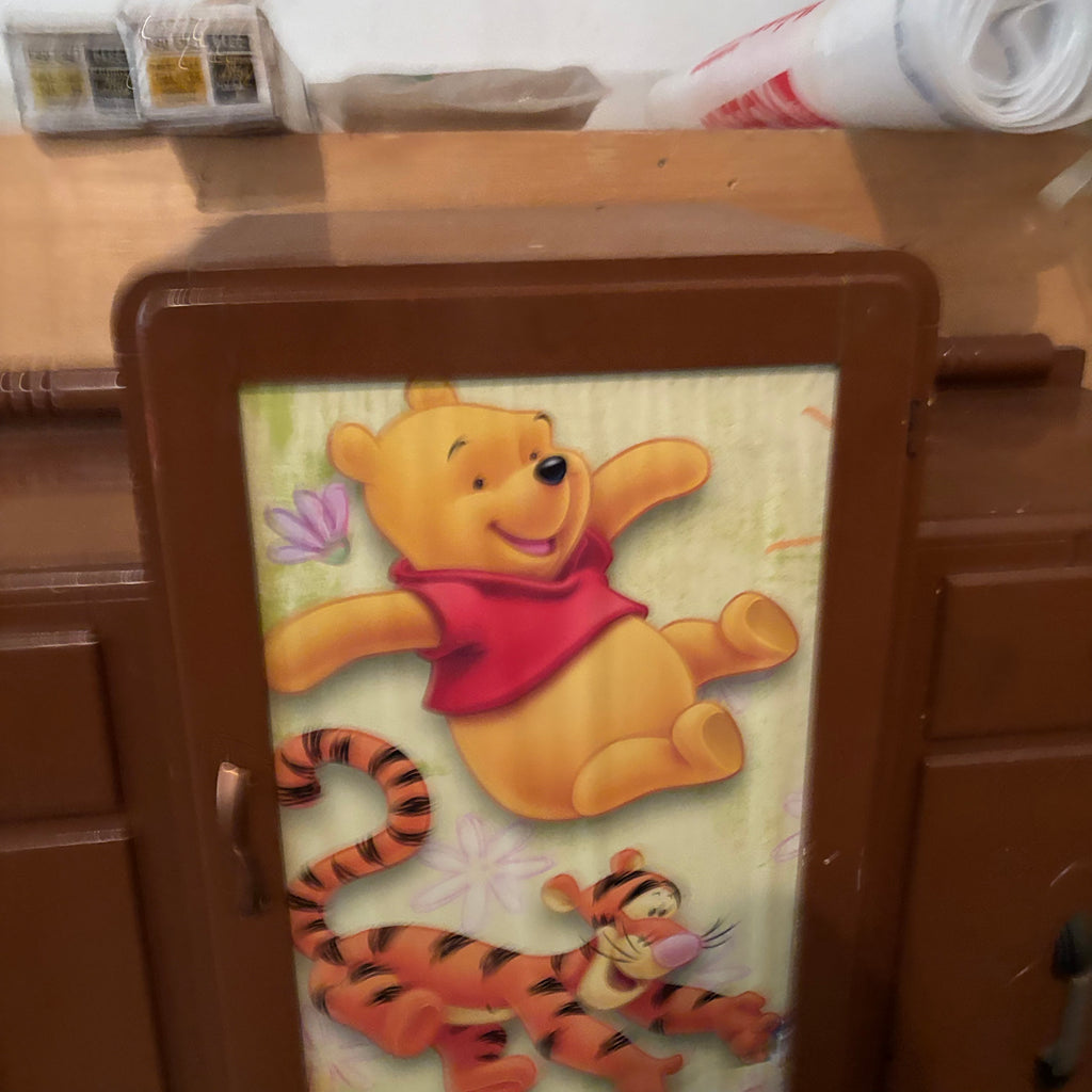 F150 Vintage wooden children’s armoire with Winnie the Pooh detail (converted china cabinet?)