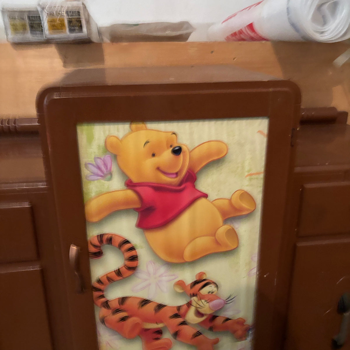 F150 Vintage wooden children’s armoire with Winnie the Pooh detail (converted china cabinet?)