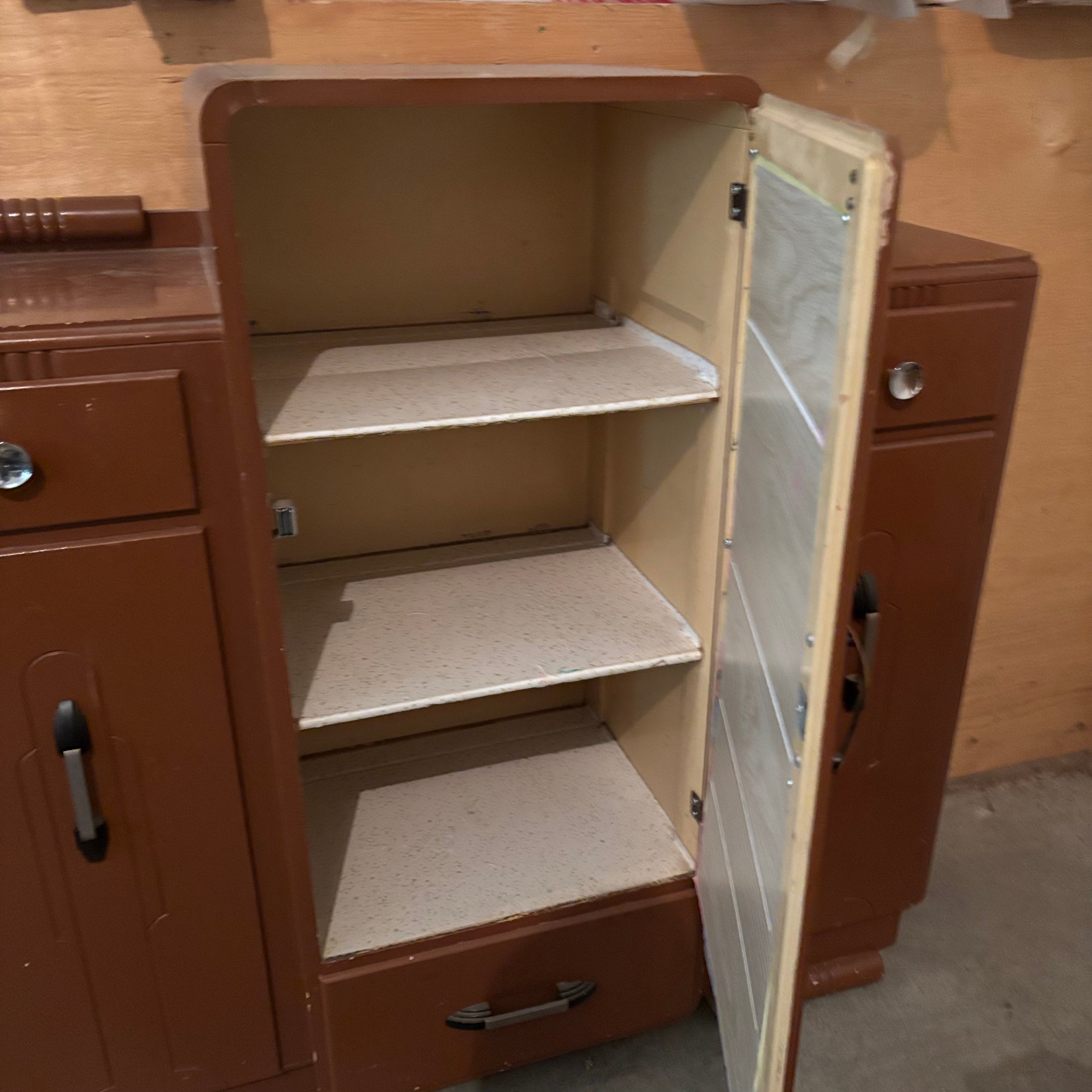 F150 Vintage wooden children’s armoire with Winnie the Pooh detail (converted china cabinet?)
