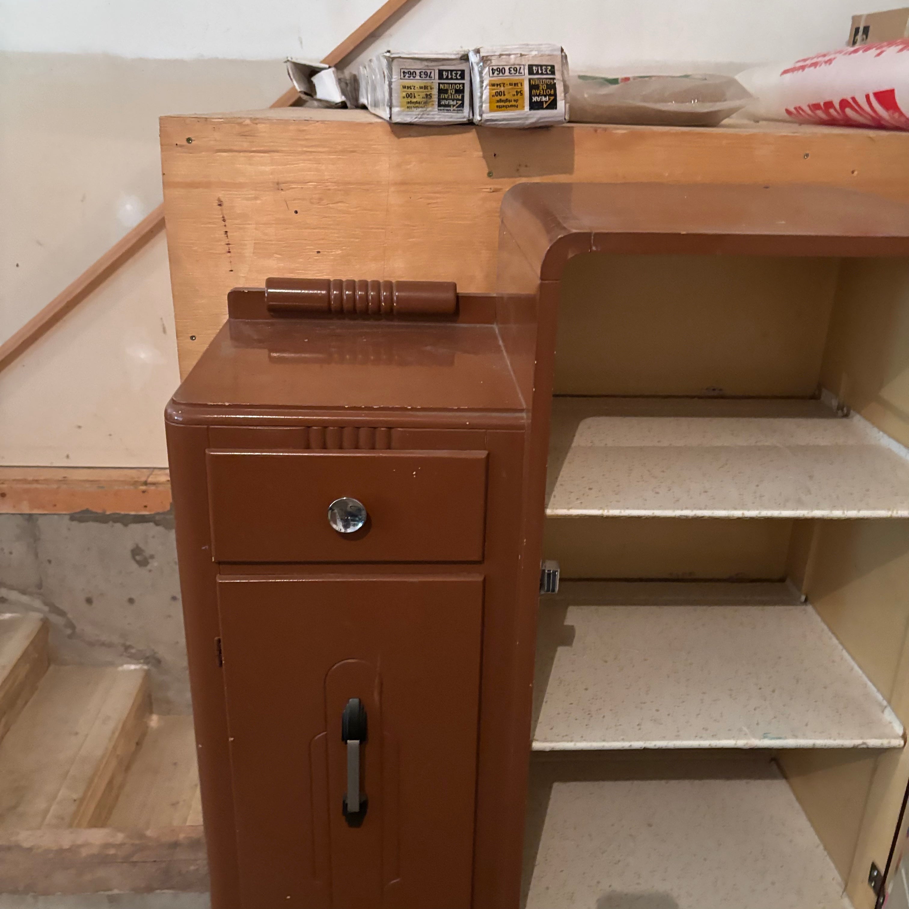 F150 Vintage wooden children’s armoire with Winnie the Pooh detail (converted china cabinet?)