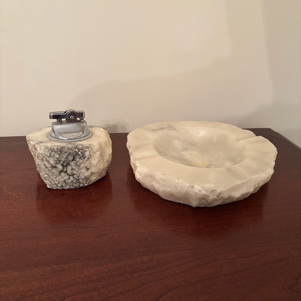 F154 Italian alabaster ashtray (5”) and lighter